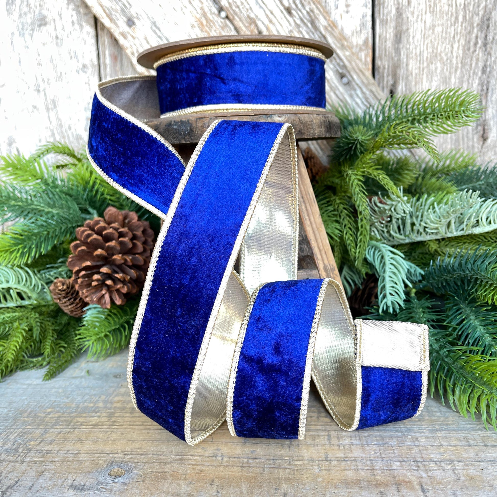 1.5" Cobalt Blue Velvet Ribbon, Royal Blue Velvet Ribbon, Blue and Gold Velvet Ribbon, Blue Christmas Ribbon, Wired Ribbon