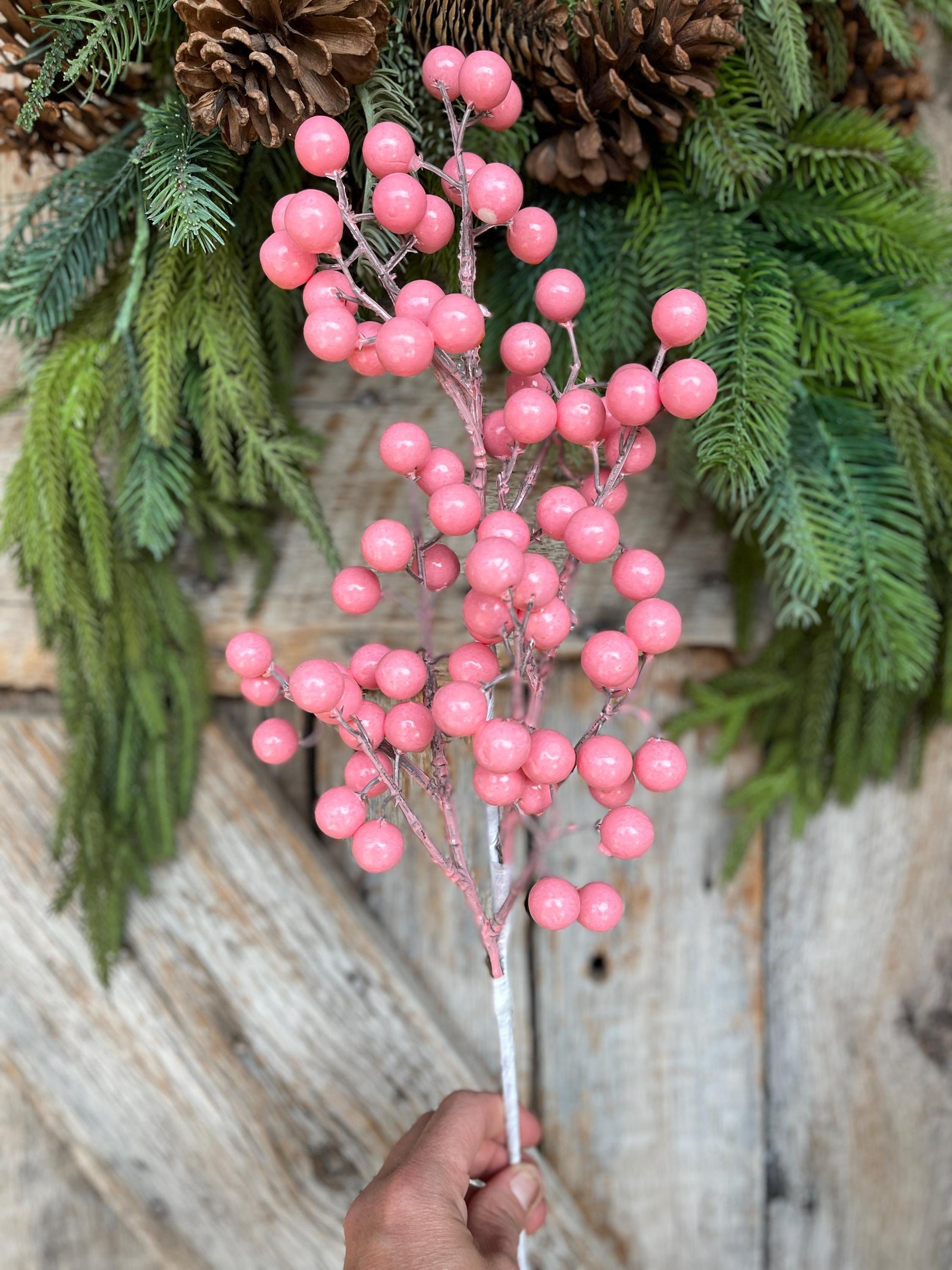 24" Pink Berry Floral Stem, Christmas Berry Stem, Pink Floral Stem, 86311PK