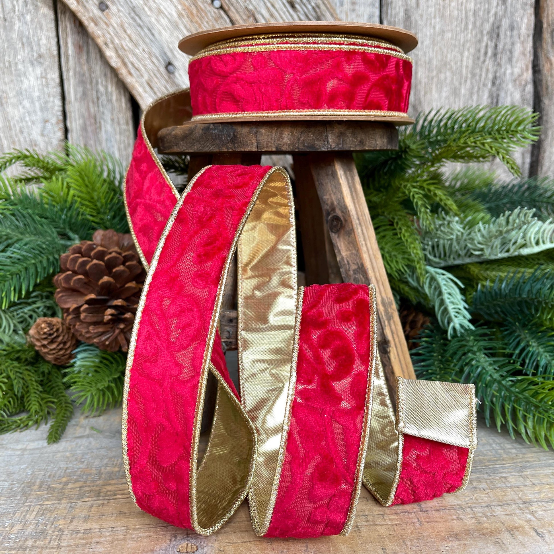 1.5" Red Embossed Velvet Ribbon, Red Ribbon, Christmas Ribbon, Red Velvet Ribbon