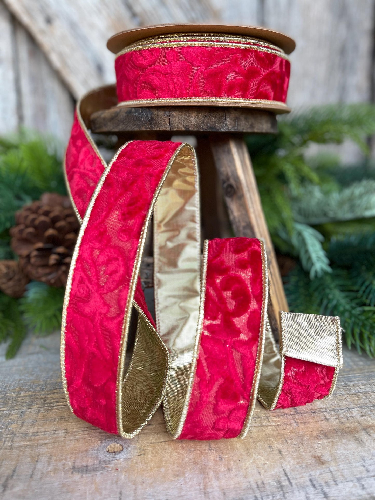 1.5" Red Embossed Velvet Ribbon, Red Ribbon, Christmas Ribbon, Red Velvet Ribbon