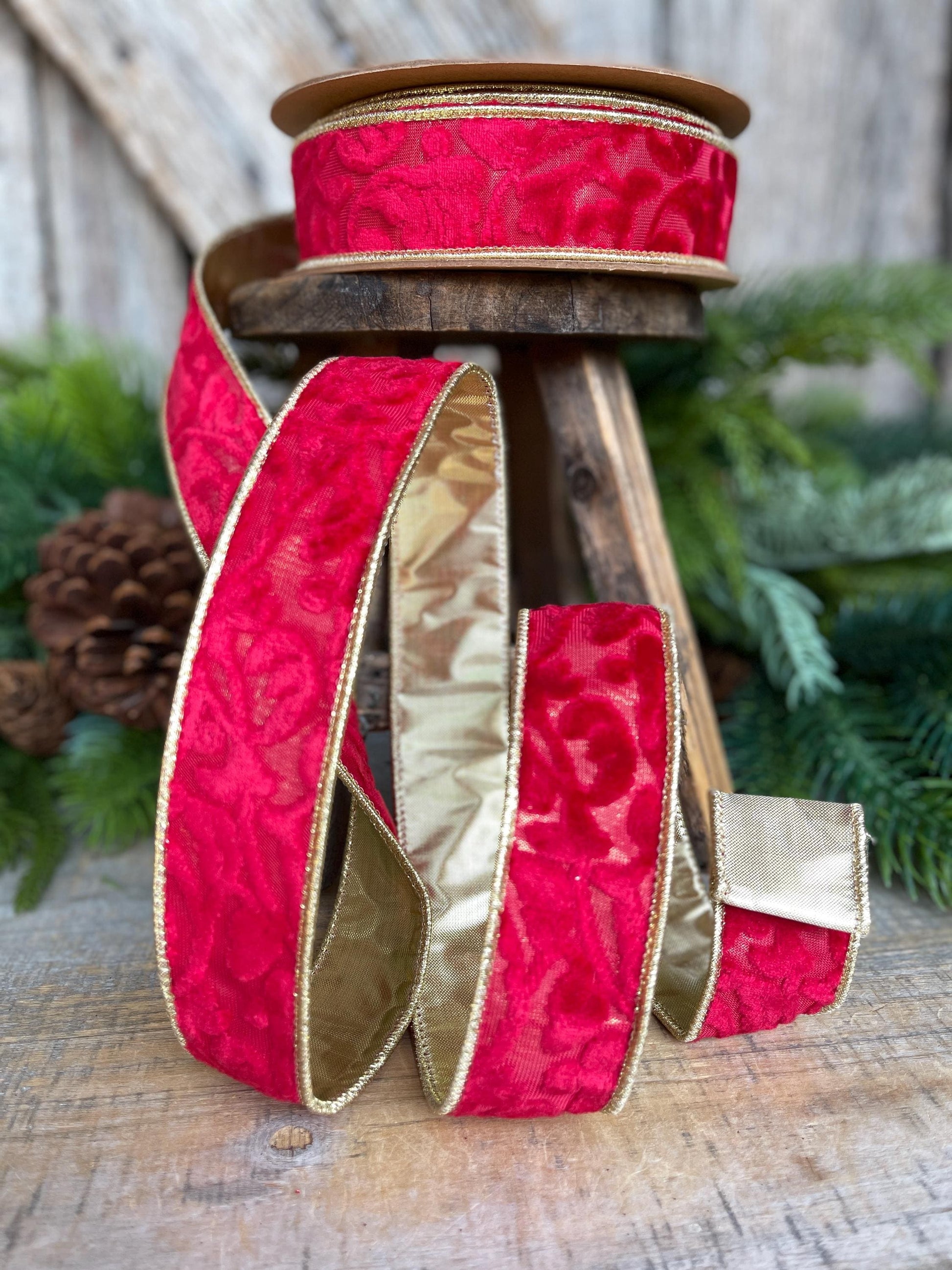 1.5" Red Embossed Velvet Ribbon, Red Ribbon, Christmas Ribbon, Red Velvet Ribbon