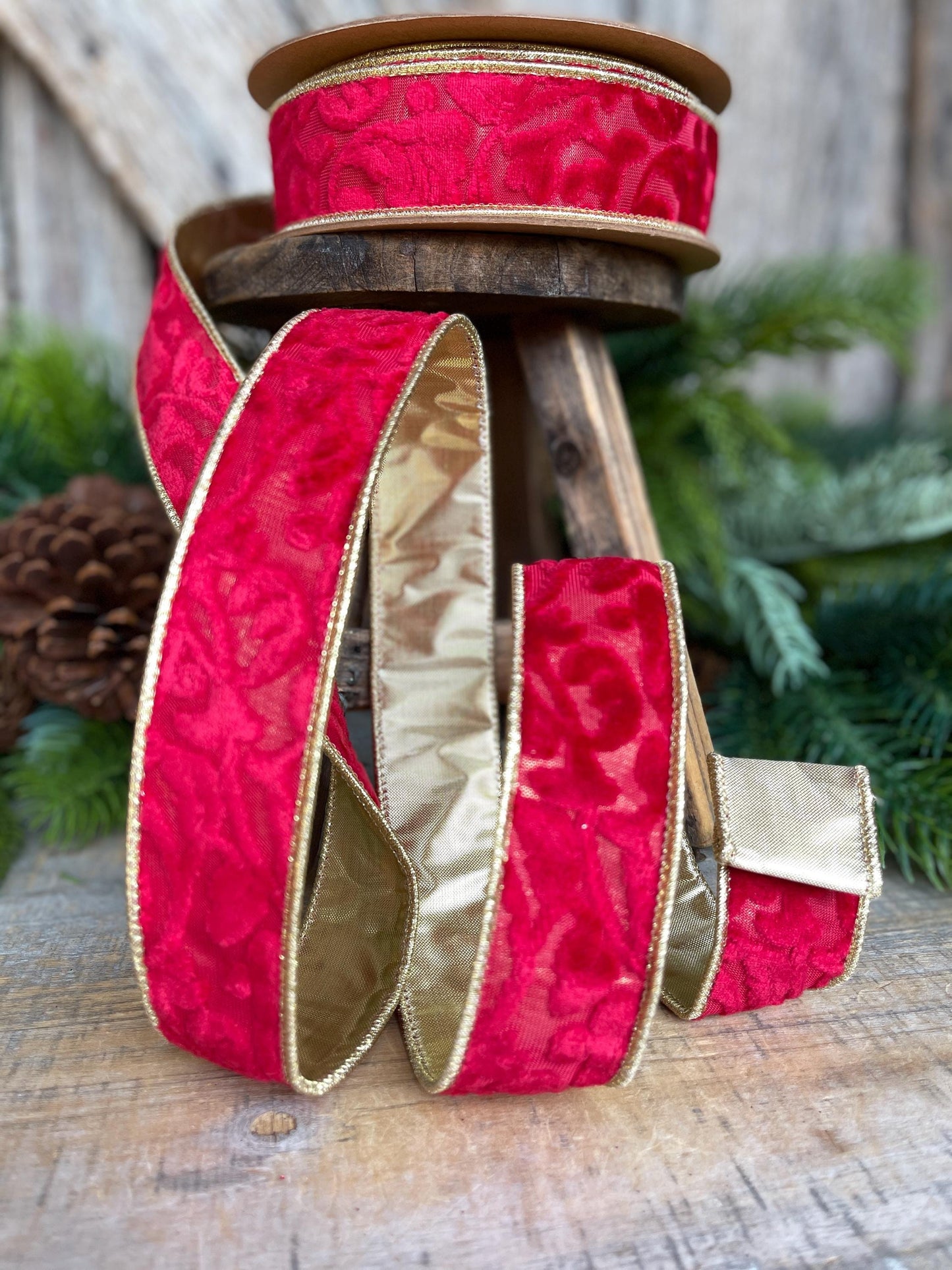 1.5" Red Embossed Velvet Ribbon, Red Ribbon, Christmas Ribbon, Red Velvet Ribbon