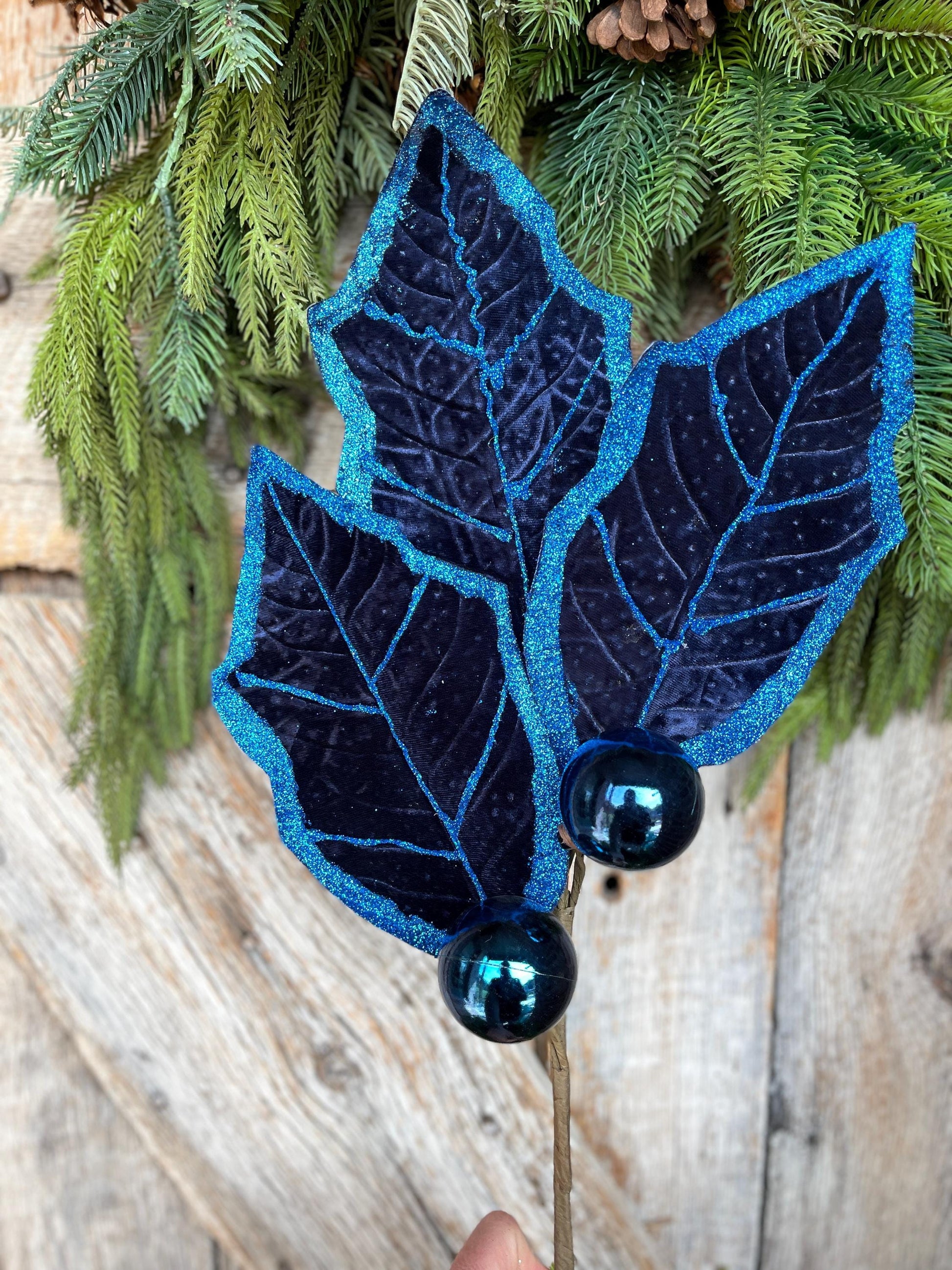 30" Navy Blue Holly Leaf Spray, Christmas Holly Leaf Floral Stem, Navy Blue Floral Picks Stems