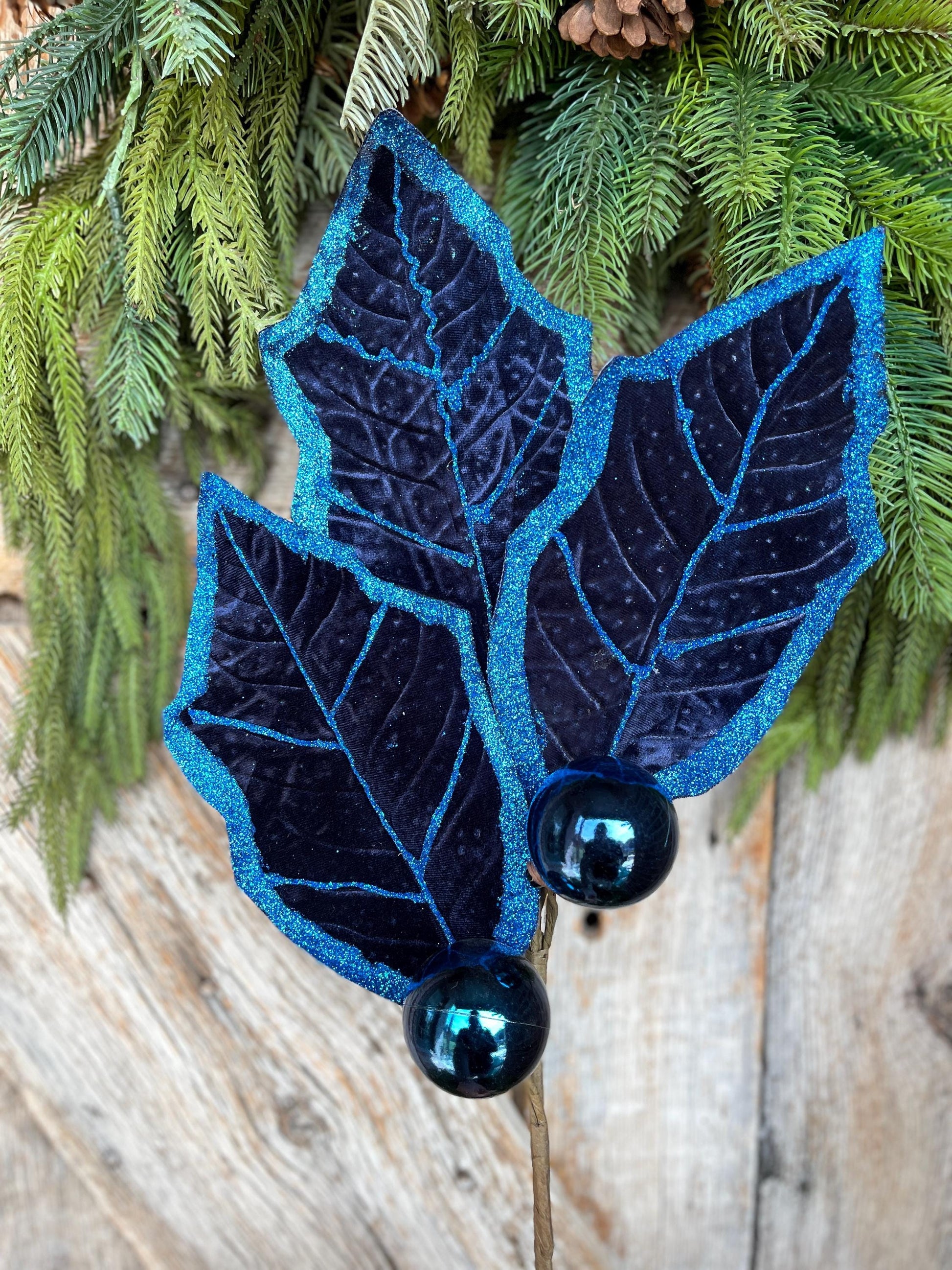 30" Navy Blue Holly Leaf Spray, Christmas Holly Leaf Floral Stem, Navy Blue Floral Picks Stems
