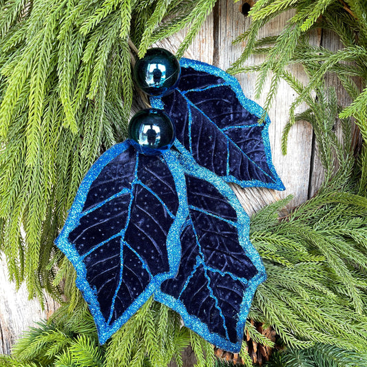 30" Navy Blue Holly Leaf Spray, Christmas Holly Leaf Floral Stem, Navy Blue Floral Picks Stems