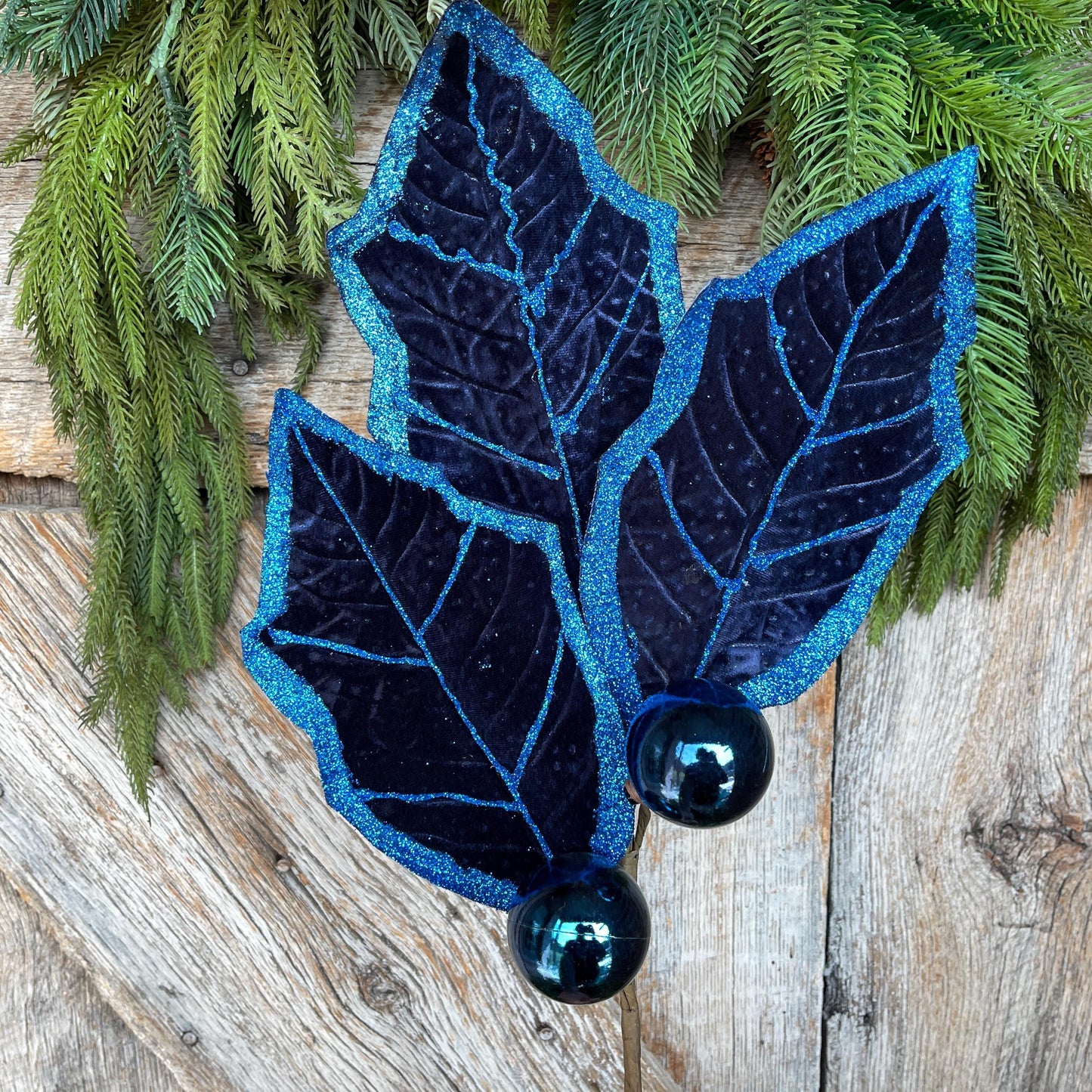30" Navy Blue Holly Leaf Spray, Christmas Holly Leaf Floral Stem, Navy Blue Floral Picks Stems