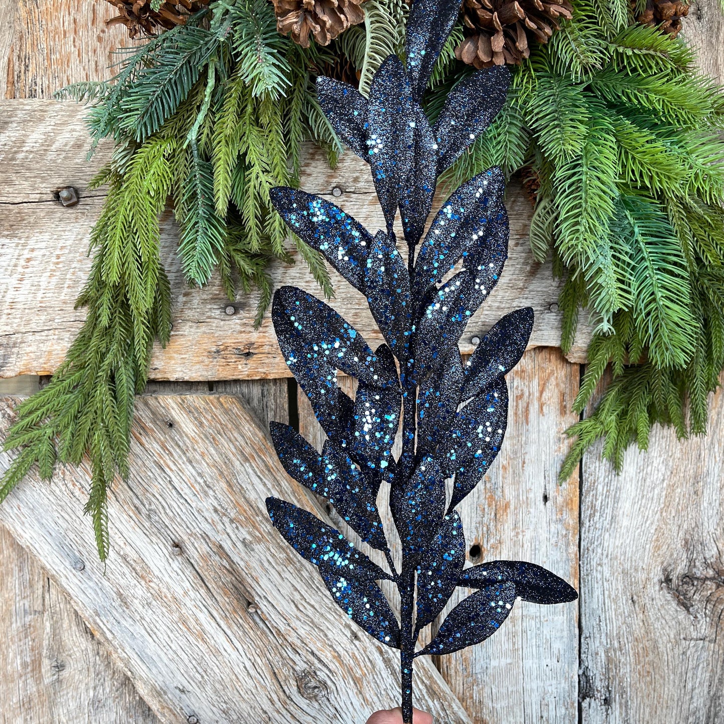 27" Navy Blue Laurel Leaf Spray, Blue Sparkle Leaf Spray, Blue Christmas Picks Stems, Christmas Tree Picks, 86483NVBL
