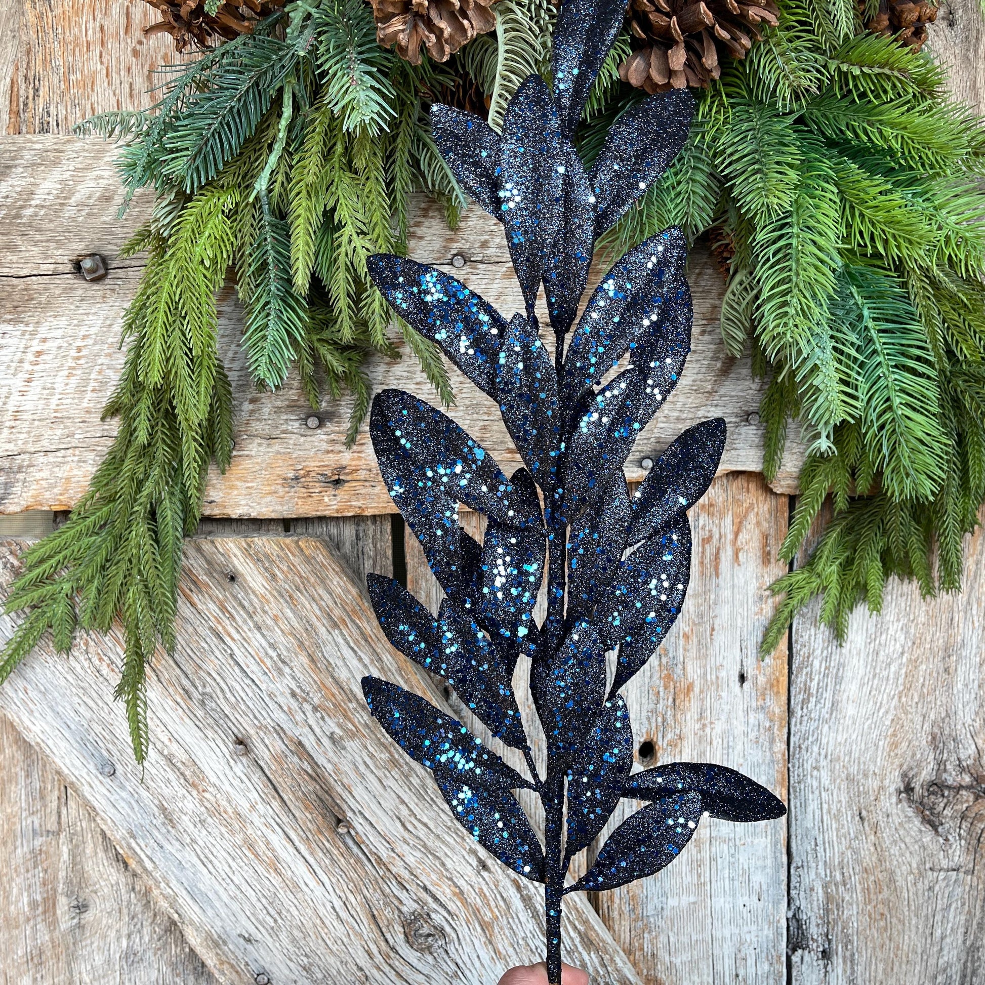 27" Navy Blue Laurel Leaf Spray, Blue Sparkle Leaf Spray, Blue Christmas Picks Stems, Christmas Tree Picks, 86483NVBL