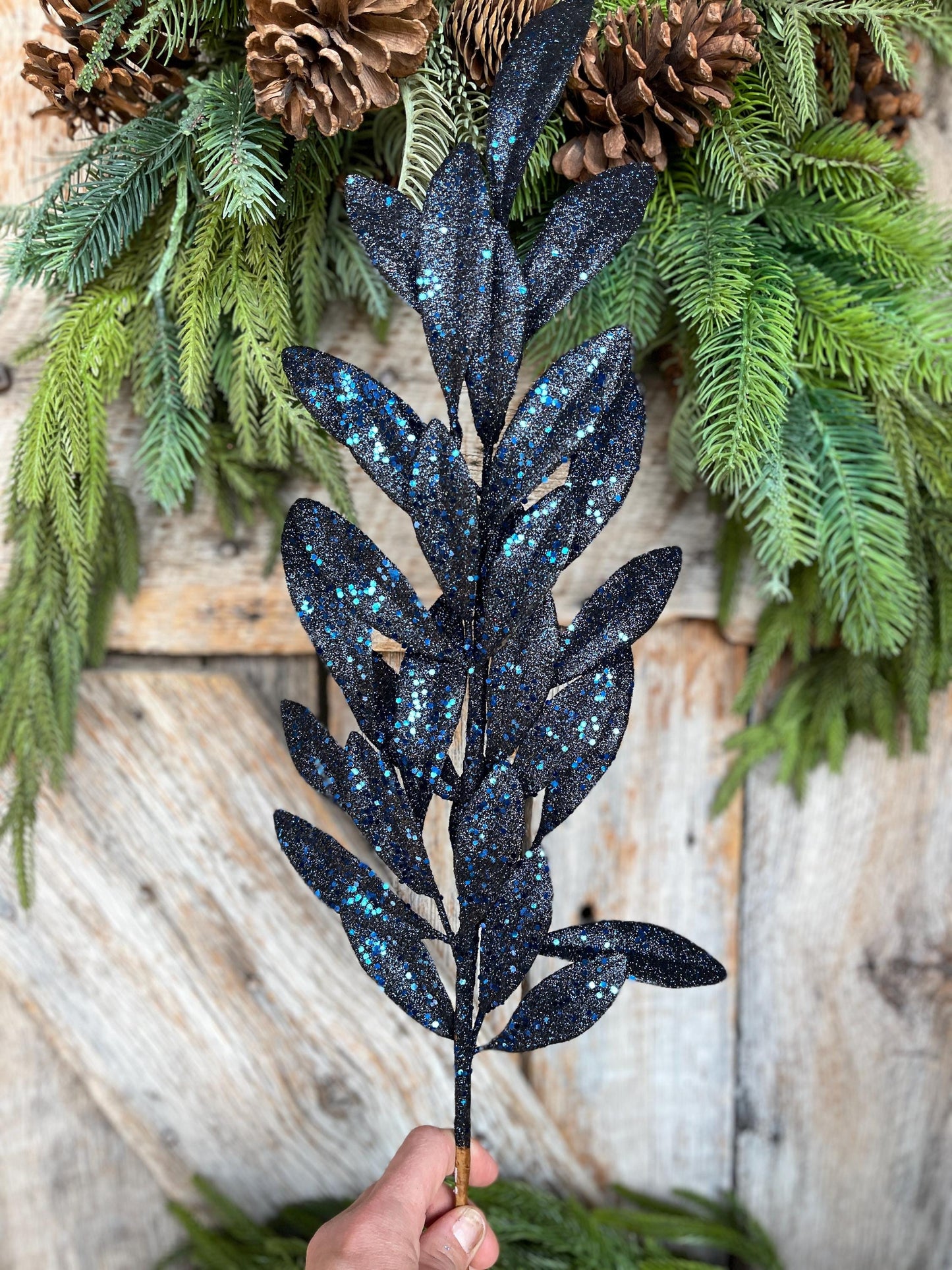 27" Navy Blue Laurel Leaf Spray, Blue Sparkle Leaf Spray, Blue Christmas Picks Stems, Christmas Tree Picks, 86483NVBL