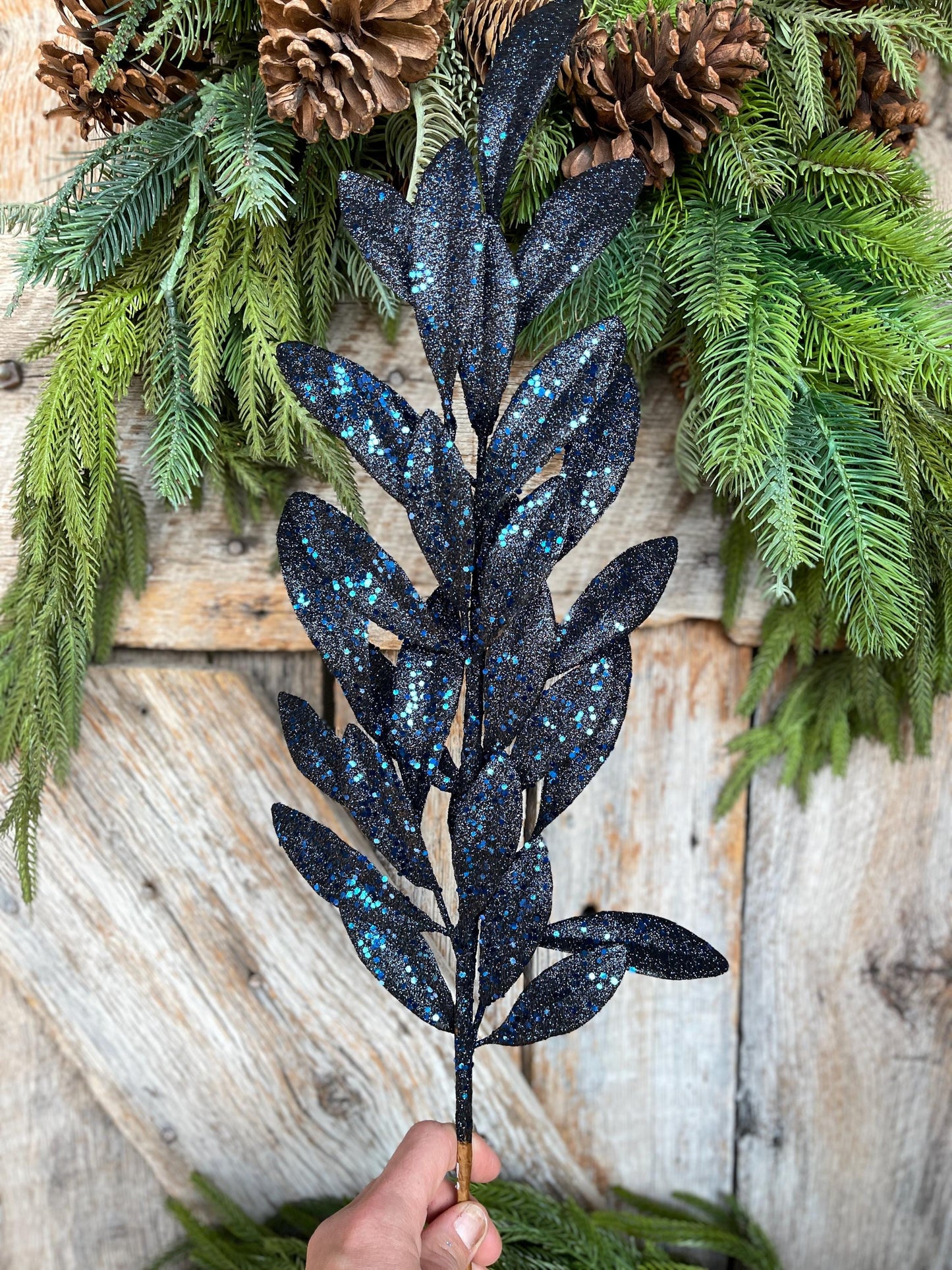 27" Navy Blue Laurel Leaf Spray, Blue Sparkle Leaf Spray, Blue Christmas Picks Stems, Christmas Tree Picks, 86483NVBL