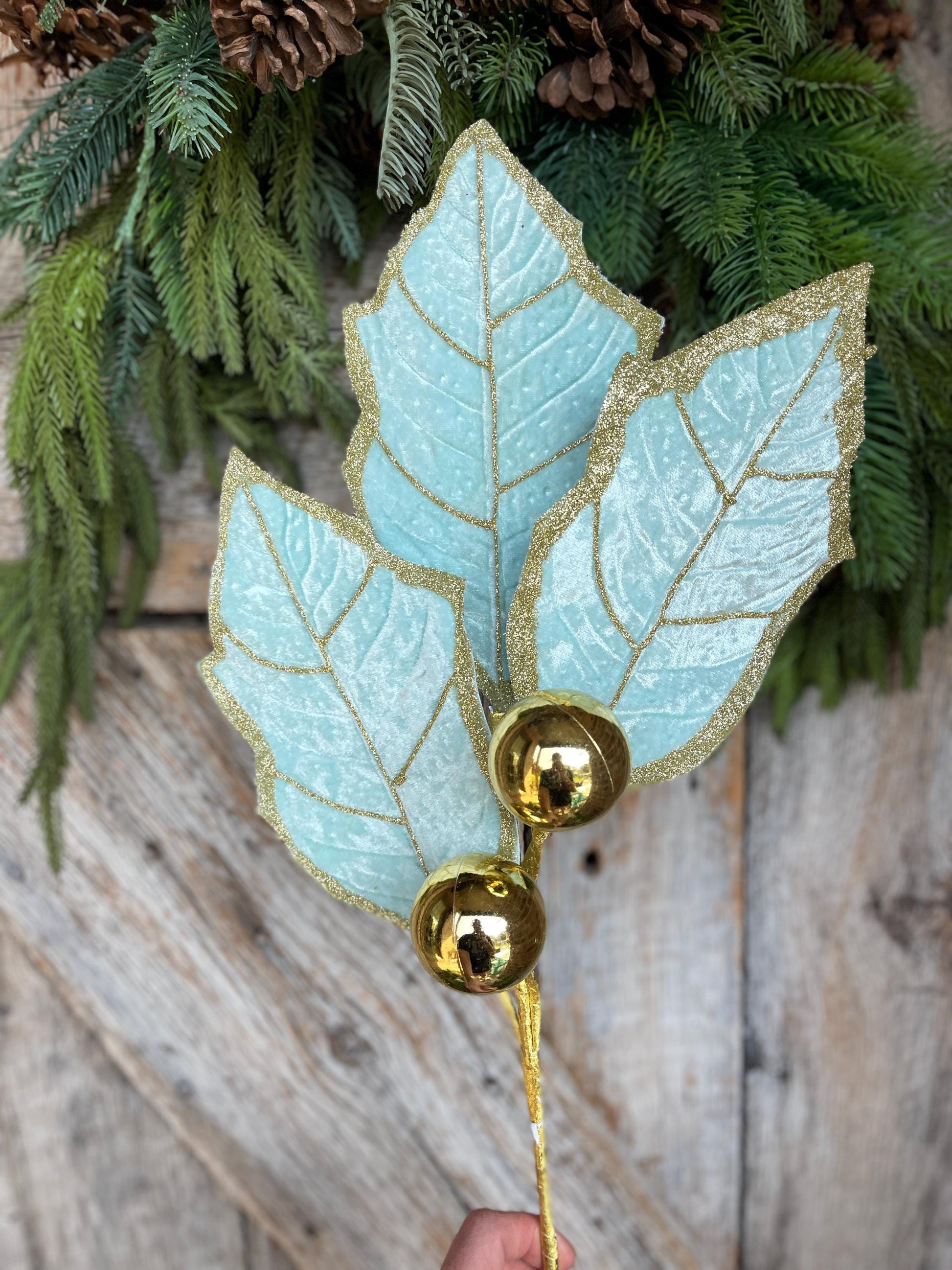 30" Mint Green Holly Leaf Spray, Christmas Holly Leaf Floral Stem, Mint Green Floral Picks Stems