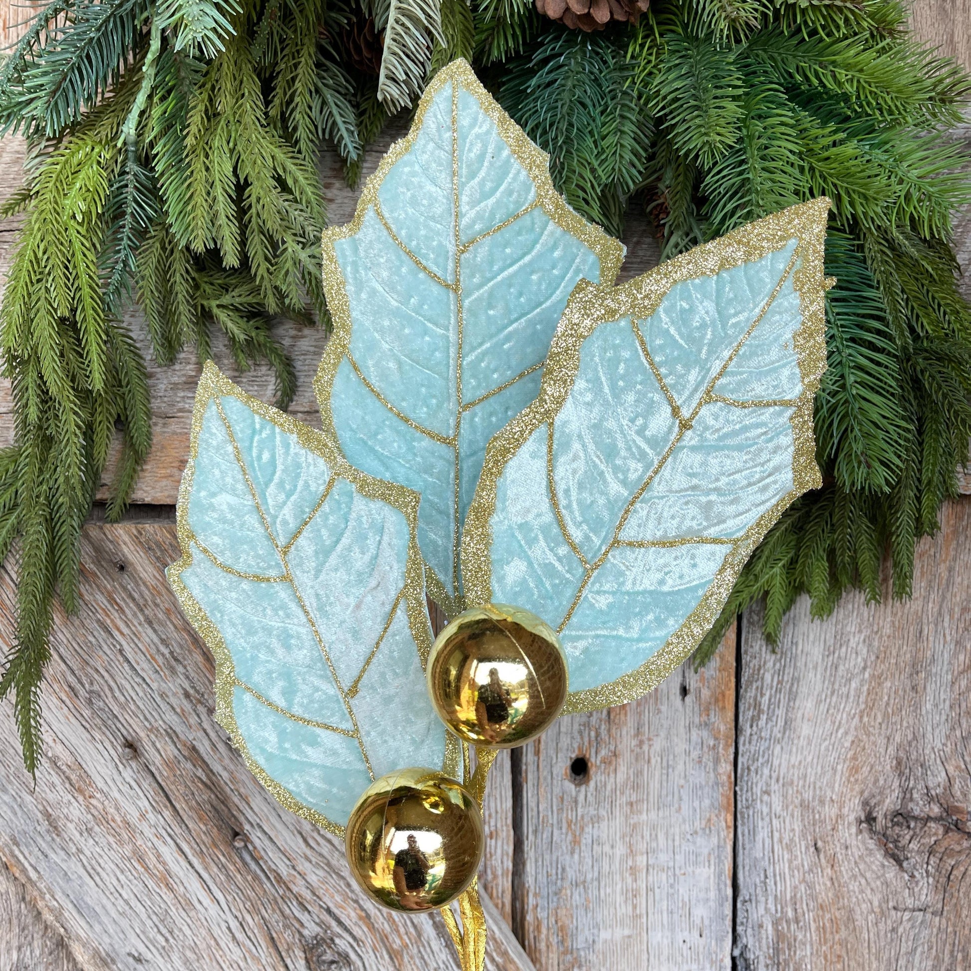 30" Mint Green Holly Leaf Spray, Christmas Holly Leaf Floral Stem, Mint Green Floral Picks Stems
