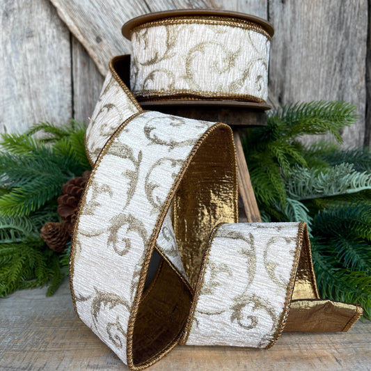 2.5" Ivory & Bronze Jacquard Ribbon, Ivory Christmas Tree Ribbon, 2.5" x 10 Yards