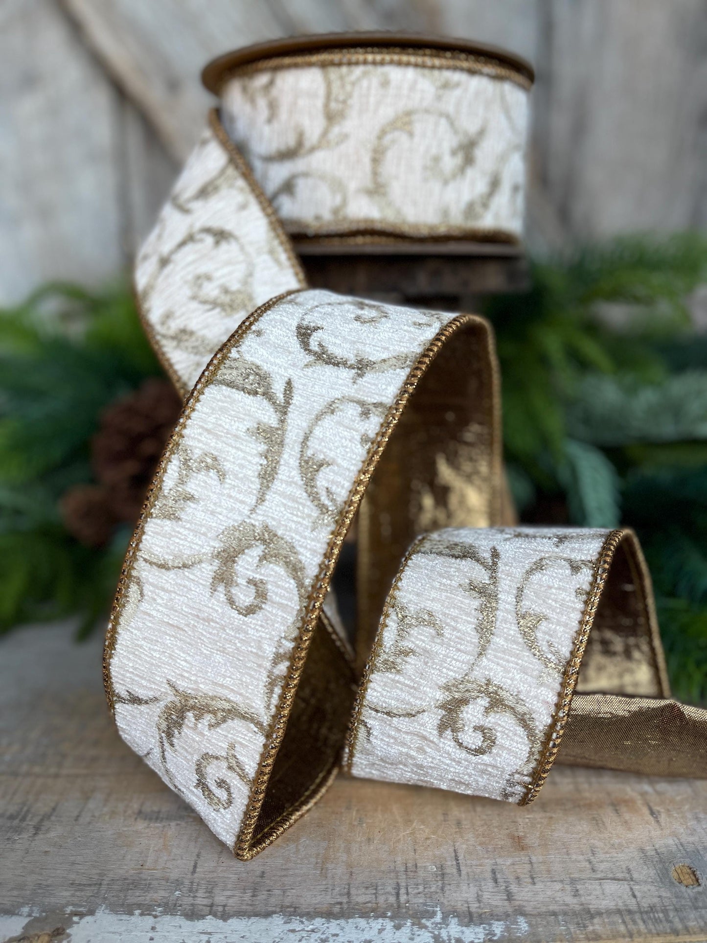 2.5" Ivory & Bronze Jacquard Ribbon, Ivory Christmas Tree Ribbon, 2.5" x 10 Yards