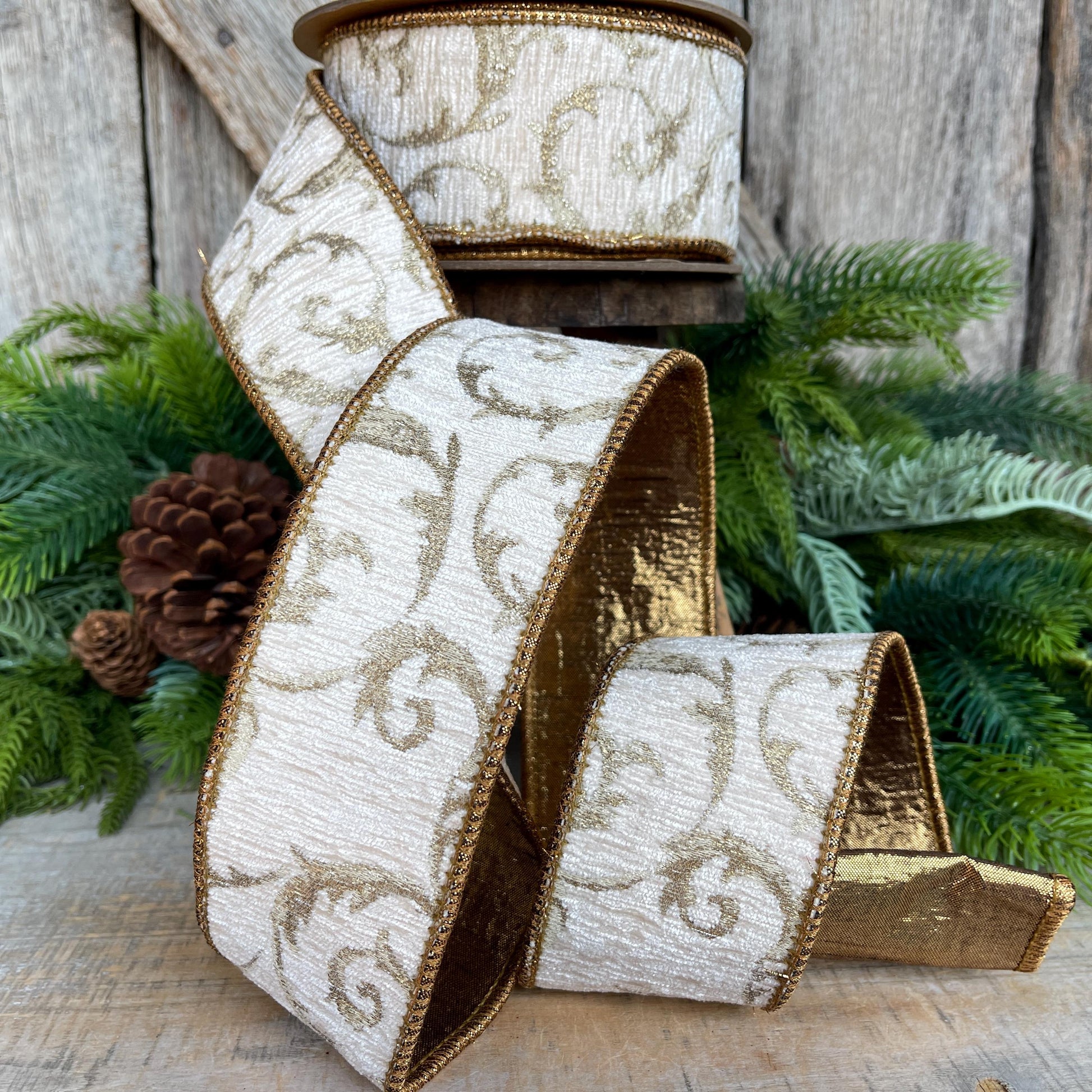 2.5" Ivory & Bronze Jacquard Ribbon, Ivory Christmas Tree Ribbon, 2.5" x 10 Yards