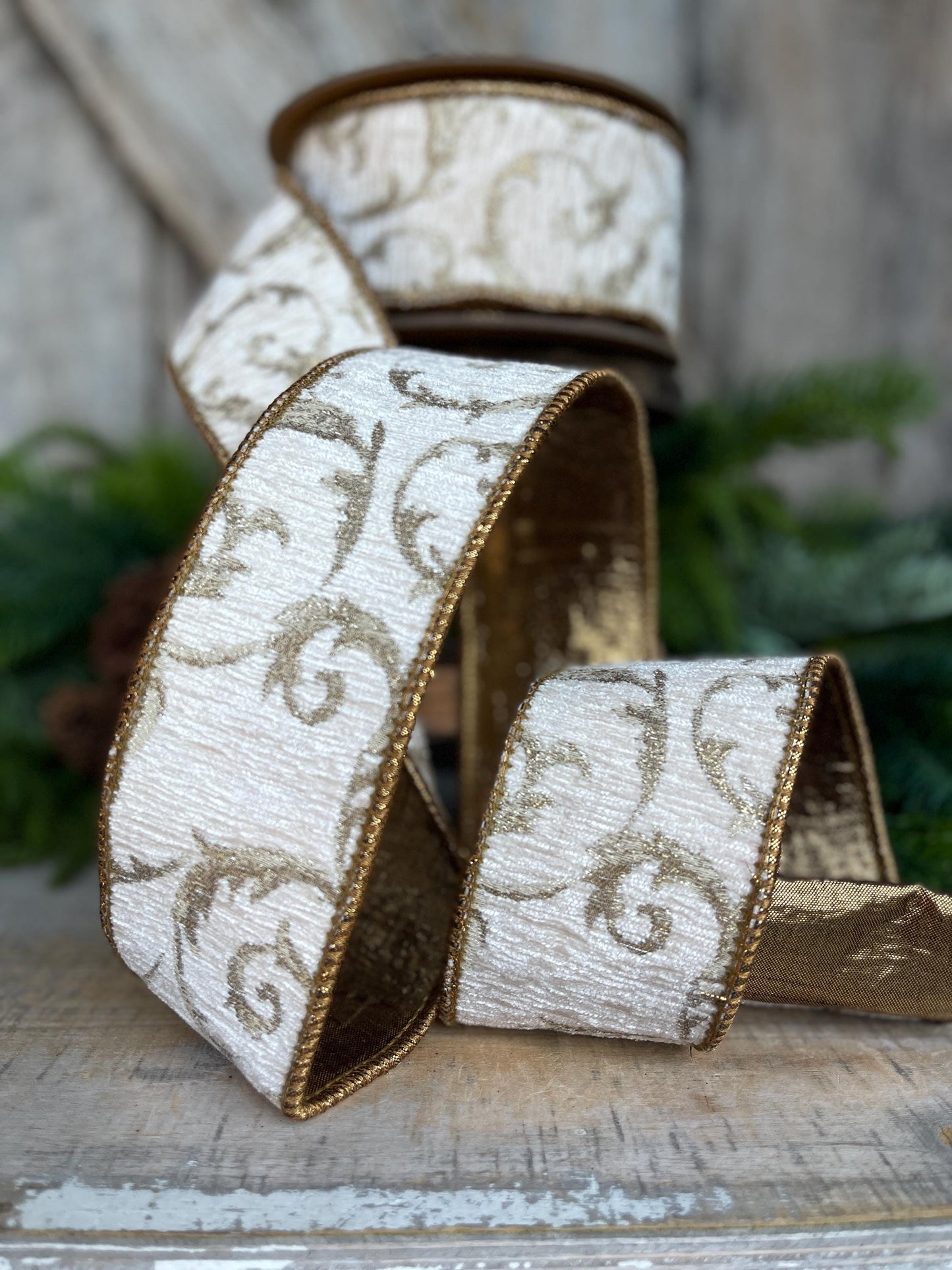 2.5" Ivory & Bronze Jacquard Ribbon, Ivory Christmas Tree Ribbon, 2.5" x 10 Yards