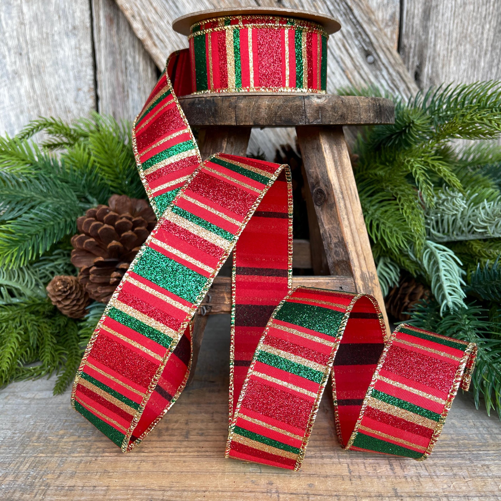 1.5" Red Green Gold Christmas Ribbon, Christmas Ribbon, 1.5" x 10 Yards