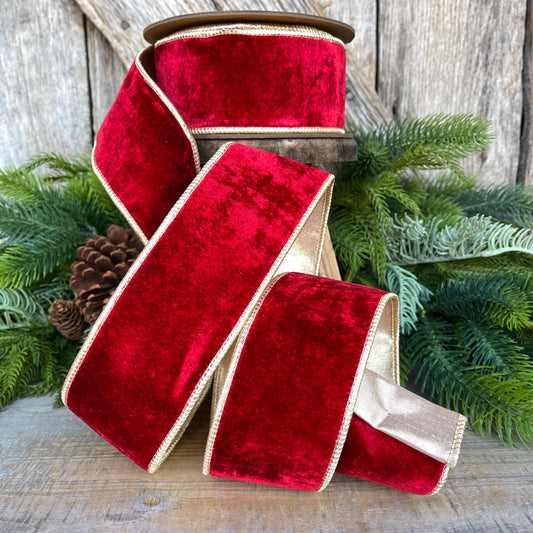 Red & Gold Velvet Wired Ribbon, Red Christmas Ribbon, 2.5" x 10 Yards