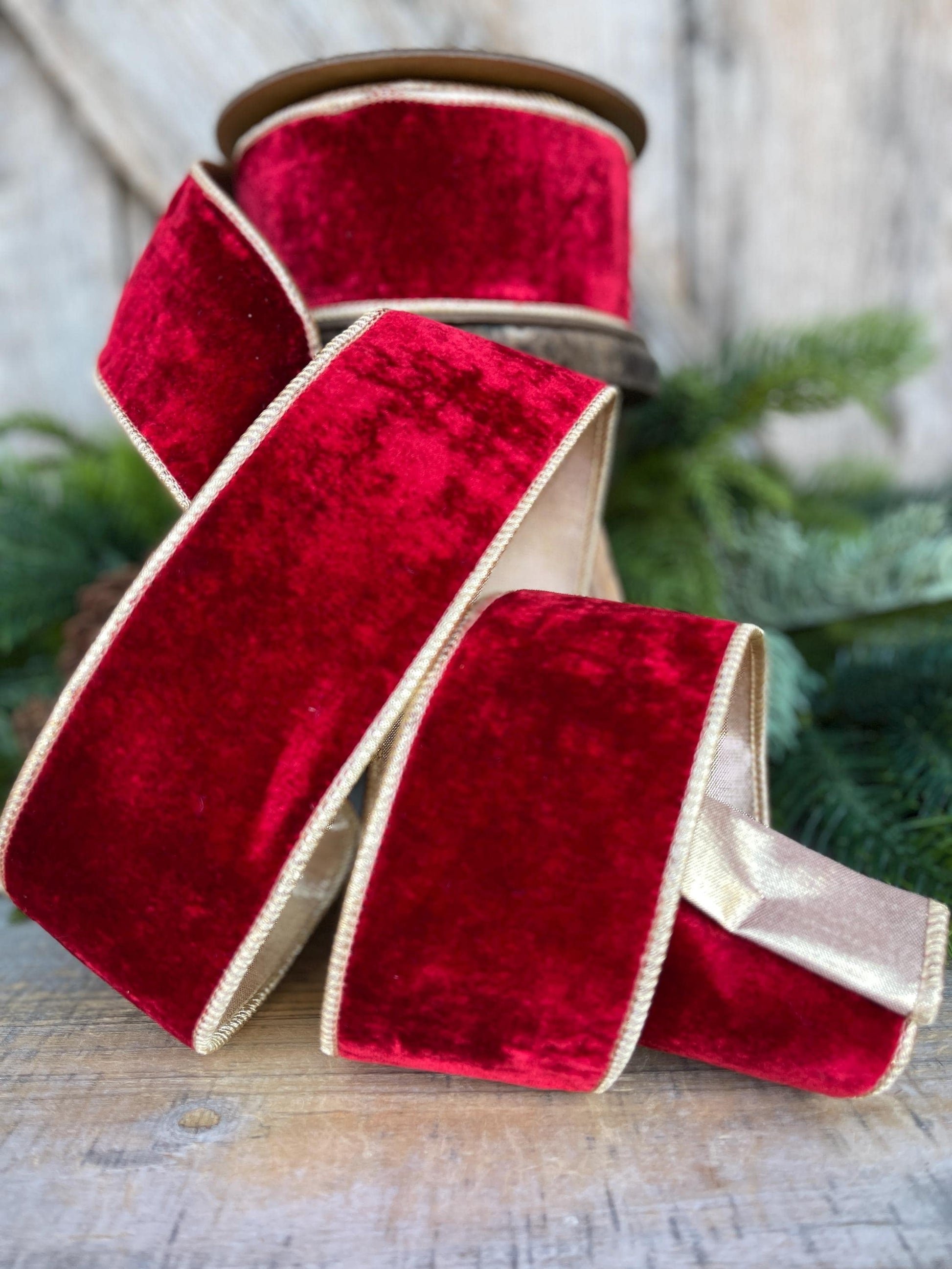 Red & Gold Velvet Wired Ribbon, Red Christmas Ribbon, 2.5" x 10 Yards
