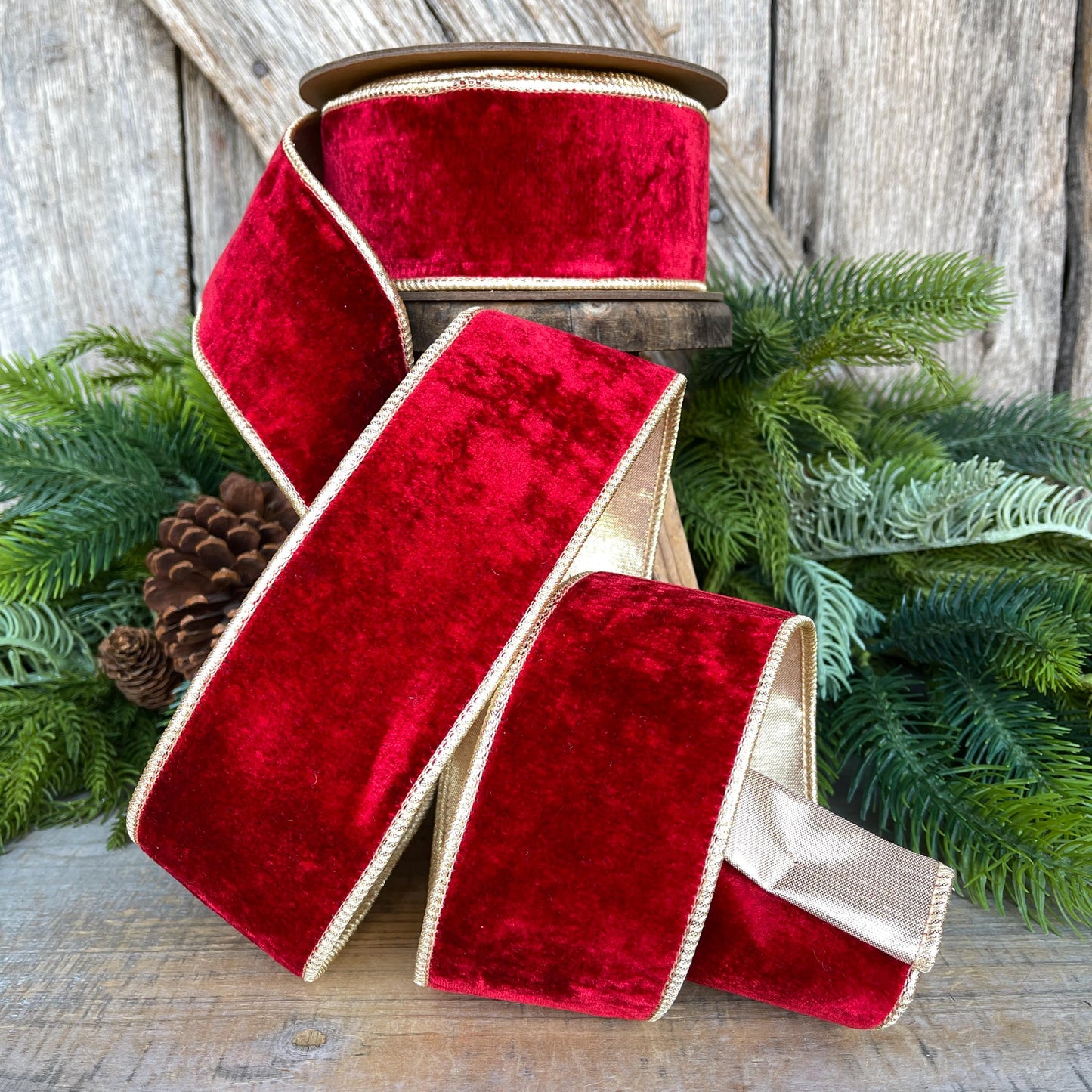 Red & Gold Velvet Wired Ribbon, Red Christmas Ribbon, 2.5" x 10 Yards
