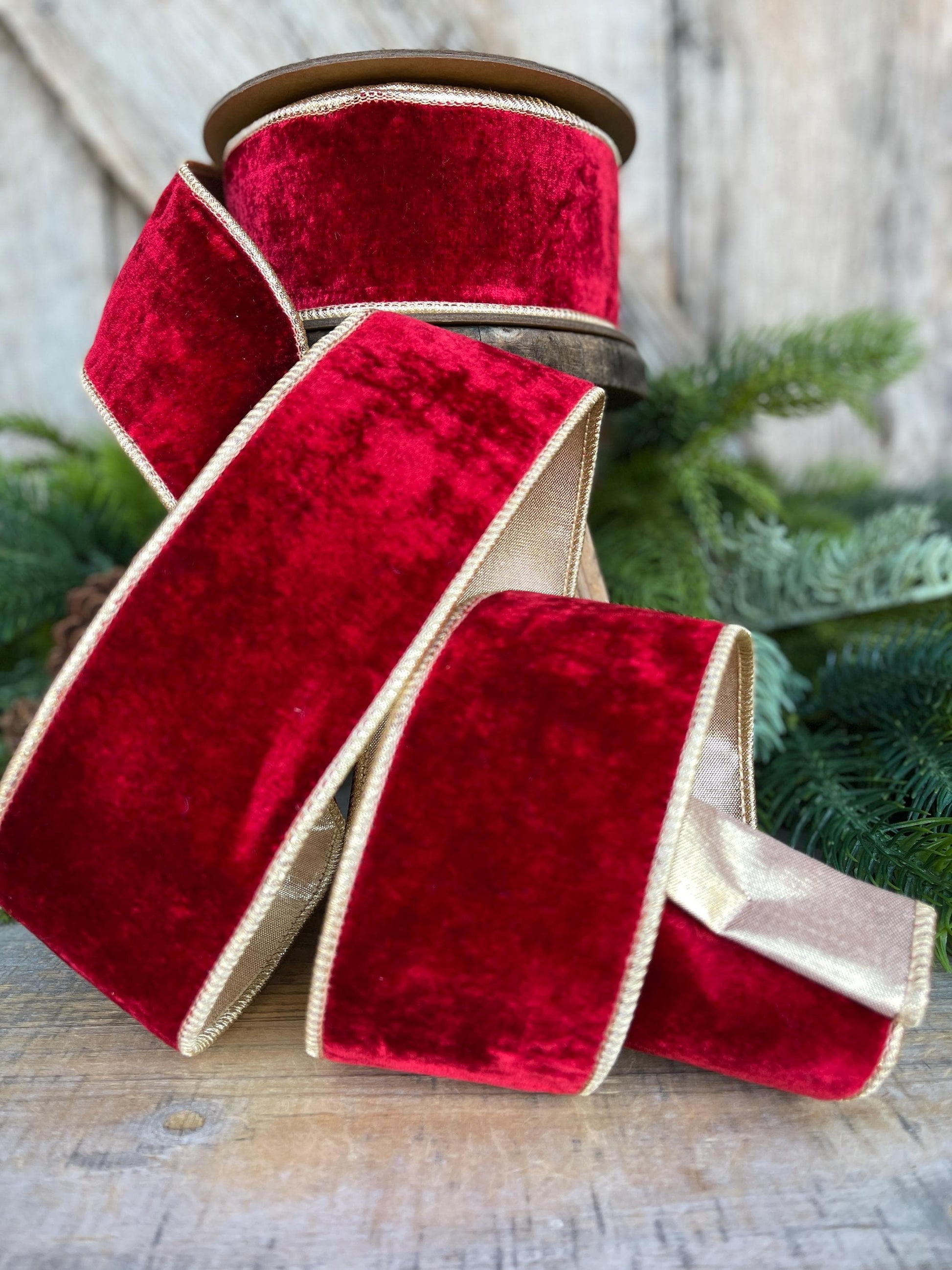 Red & Gold Velvet Wired Ribbon, Red Christmas Ribbon, 2.5" x 10 Yards