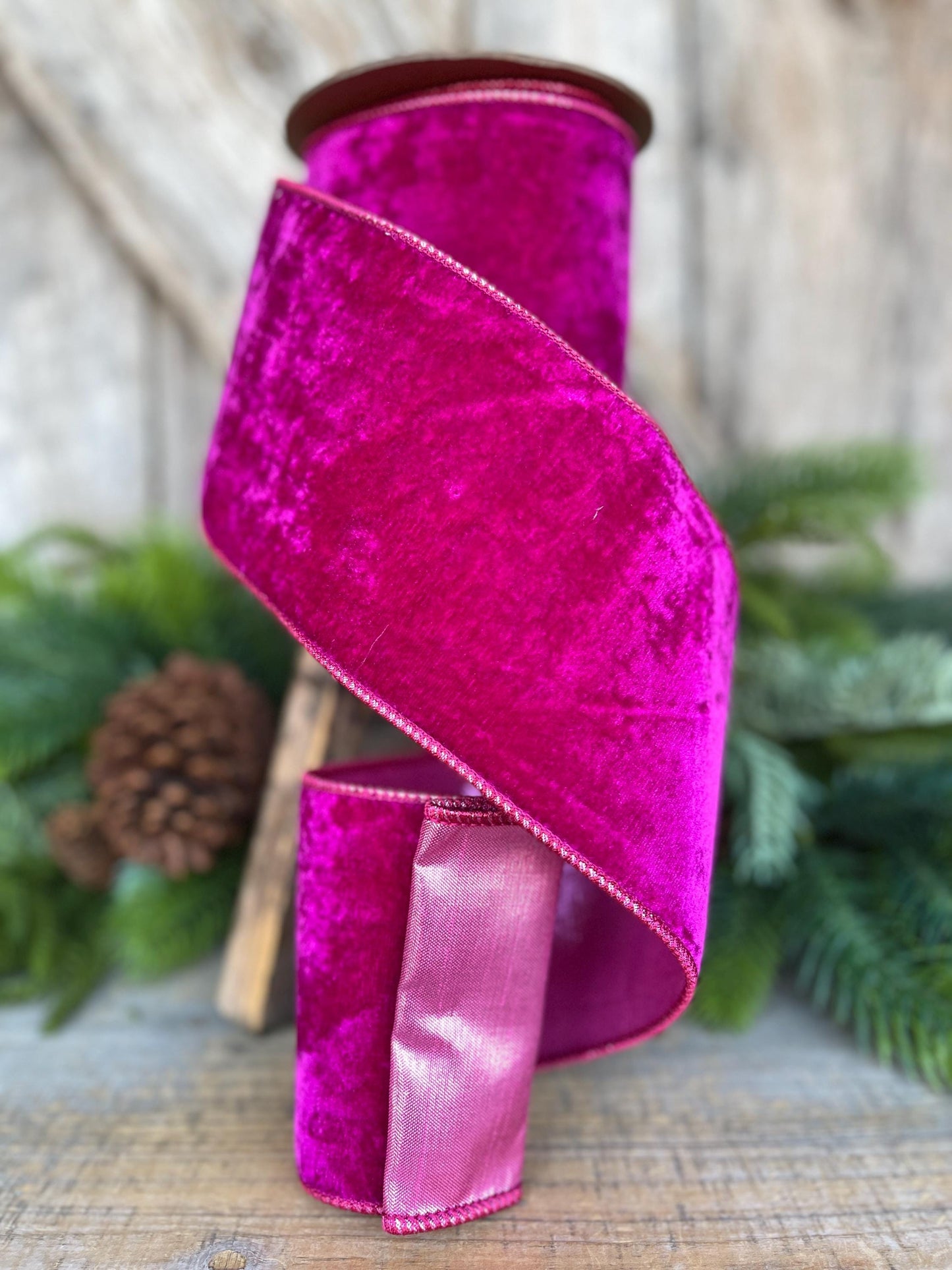 Hot Pink Velvet Wired Christmas Ribbon: 4" Plush Ribbon