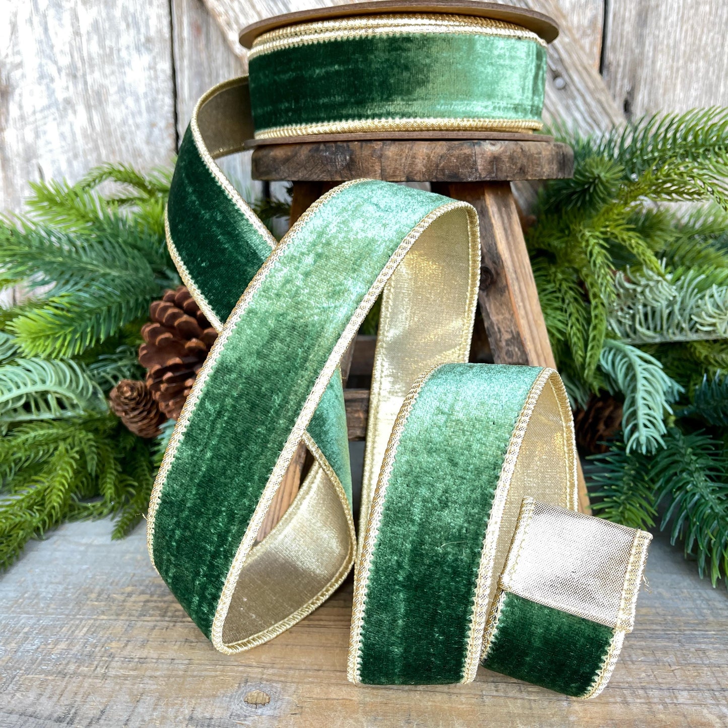 1.5" Green Velvet Ribbon, Christmas Ribbon, Designer RIbbon