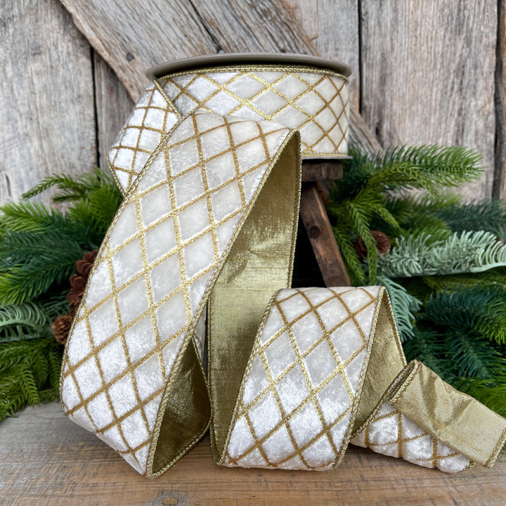 2.5" Ivory Velvet Metallic Diamonds Ribbon, Farrisilk Ribbon, Ivory and Gold Velvet