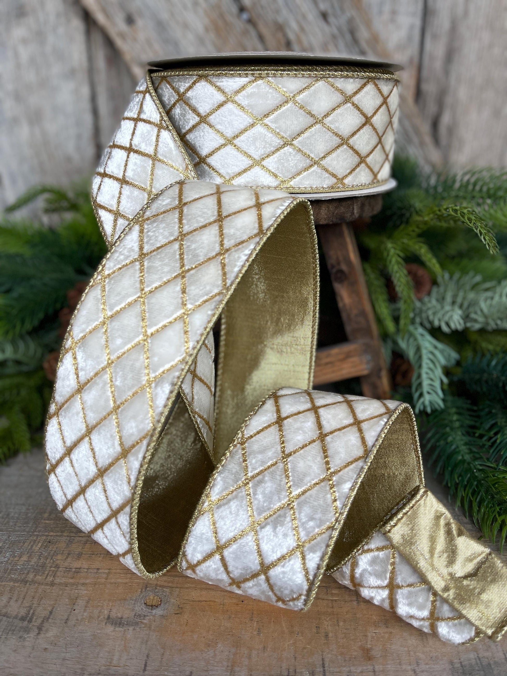 2.5" Ivory Velvet Metallic Diamonds Ribbon, Farrisilk Ribbon, Ivory and Gold Velvet, Christmas Tree Ribbon,Wired Ribbon, RG453-62