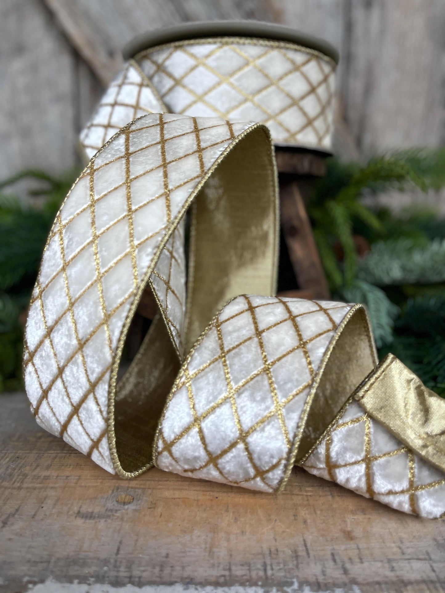 2.5" Ivory Velvet Metallic Diamonds Ribbon, Farrisilk Ribbon, Ivory and Gold Velvet, Christmas Tree Ribbon,Wired Ribbon, RG453-62