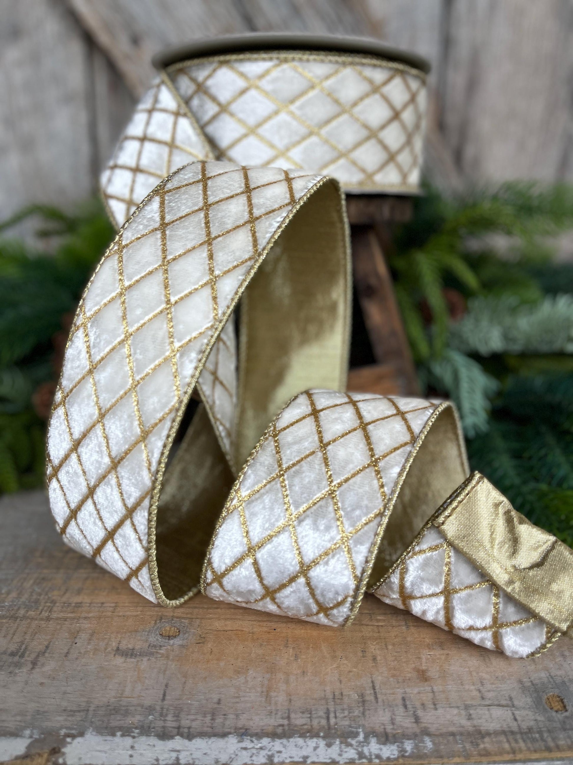 2.5" Ivory Velvet Metallic Diamonds Ribbon, Farrisilk Ribbon, Ivory and Gold Velvet, Christmas Tree Ribbon,Wired Ribbon, RG453-62