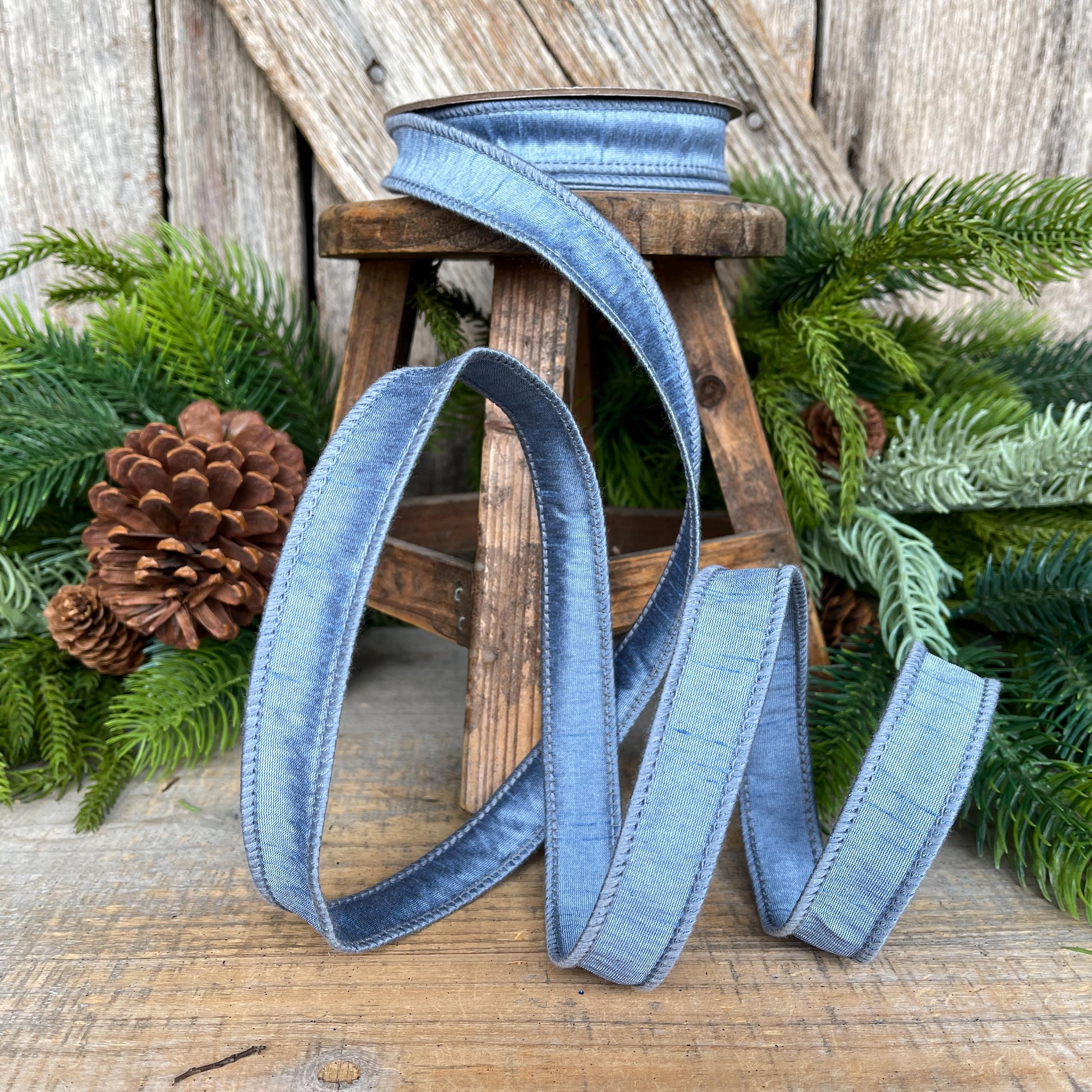 1" French Blue Dupioni Ribbon, Wired Ribbon, Blue Ribbon, Christmas Ribbon, Ribbon for Bows, Blue Wired Ribbon, Steel Blue
