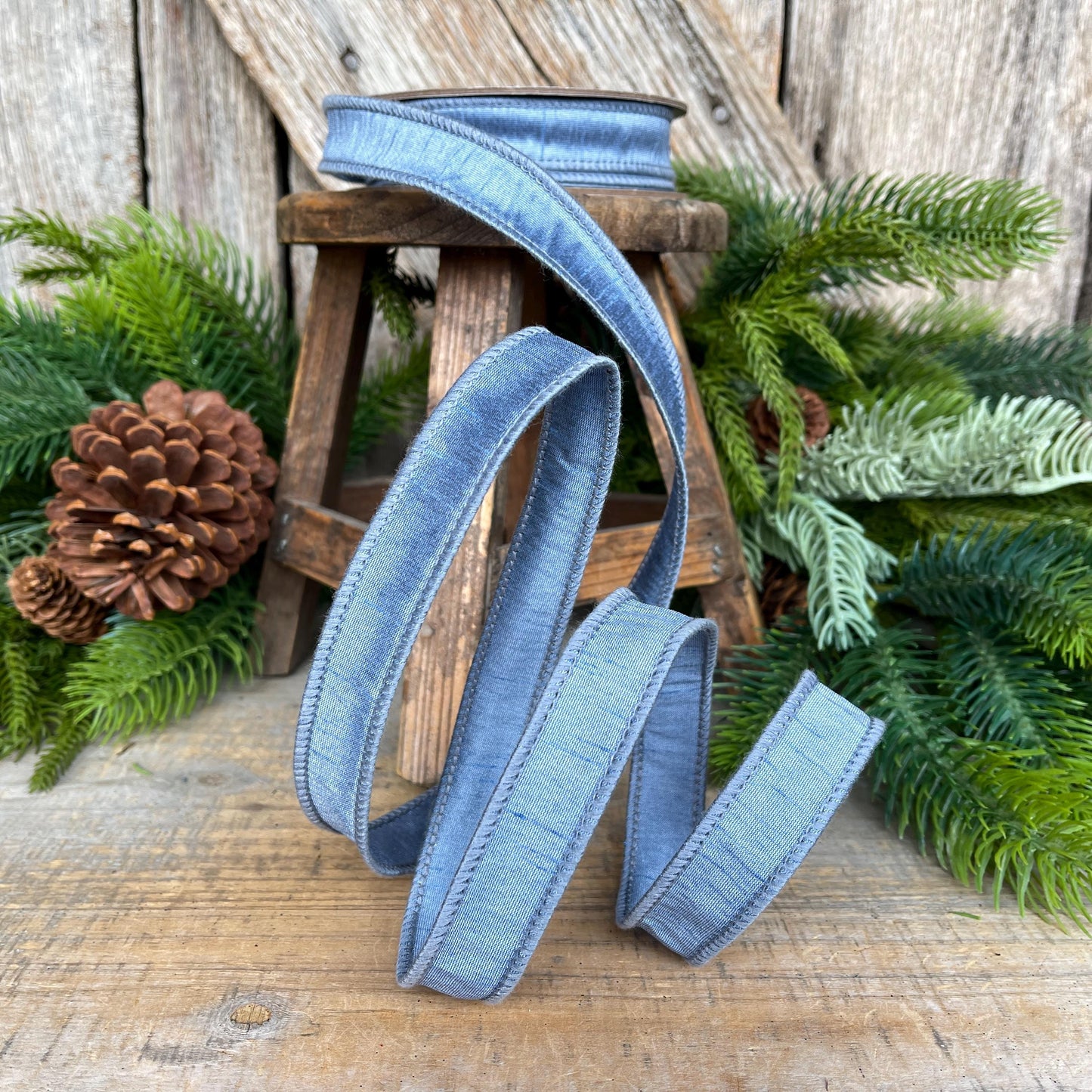 1" French Blue Dupioni Ribbon, Wired Ribbon, Blue Ribbon, Christmas Ribbon, Ribbon for Bows, Blue Wired Ribbon, Steel Blue