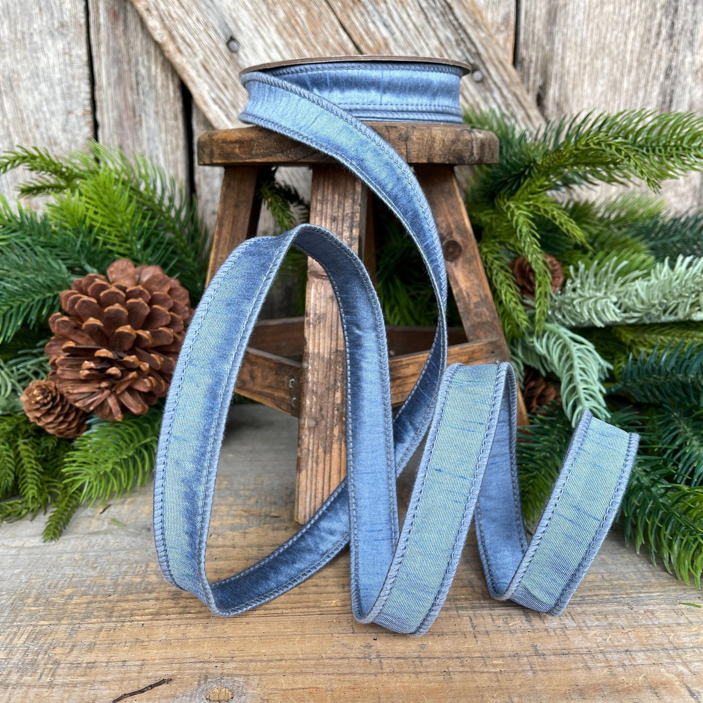 1" French Blue Dupioni Ribbon, Wired Ribbon, Blue Ribbon, Christmas Ribbon, Ribbon for Bows, Blue Wired Ribbon, Steel Blue
