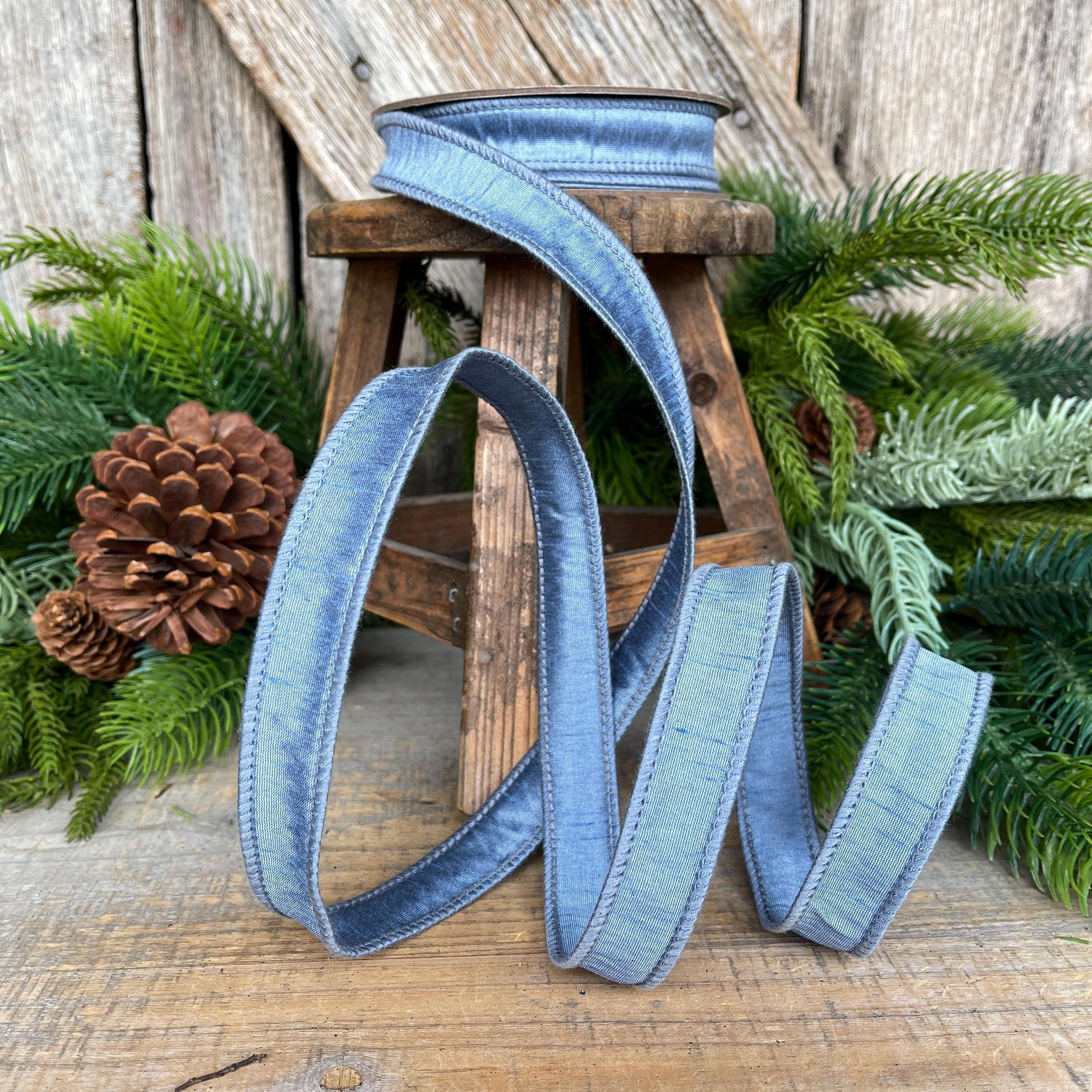 1" French Blue Dupioni Ribbon, Wired Ribbon, Blue Ribbon, Christmas Ribbon, Ribbon for Bows, Blue Wired Ribbon, Steel Blue