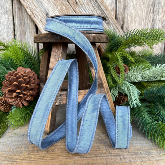 1" French Blue Dupioni Ribbon, Wired Ribbon, Blue Ribbon, Christmas Ribbon, Ribbon for Bows, Blue Wired Ribbon, Steel Blue
