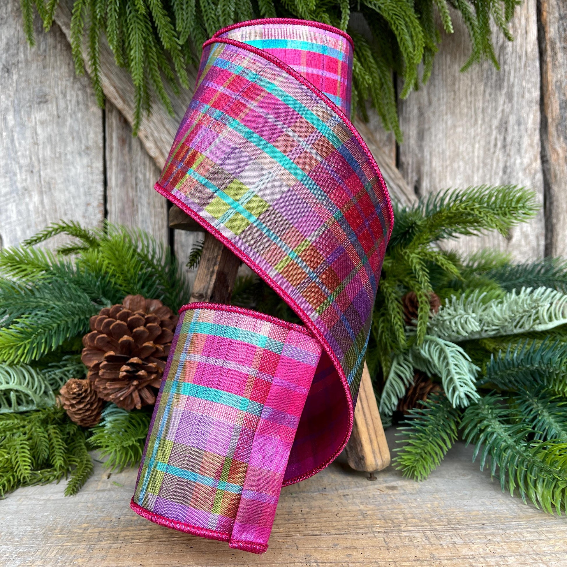 4" Christmas Pastel Candy Plaid Ribbon, Farrisilk Ribbon, Christmas Tree