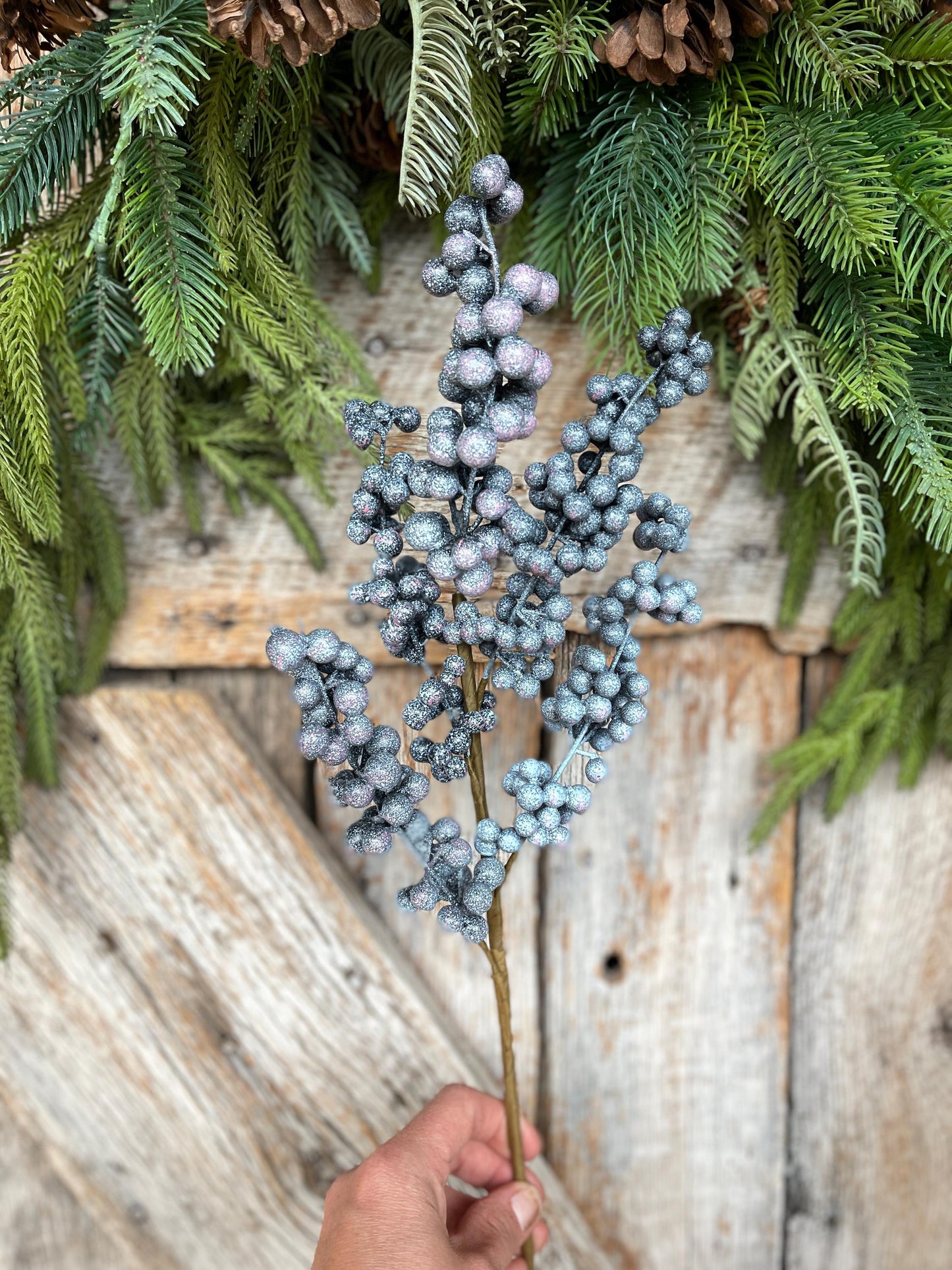 18" Frosted Blueberry Spray, Winter Blueberry Picks & Stems, Artifical Berry Floral Stem