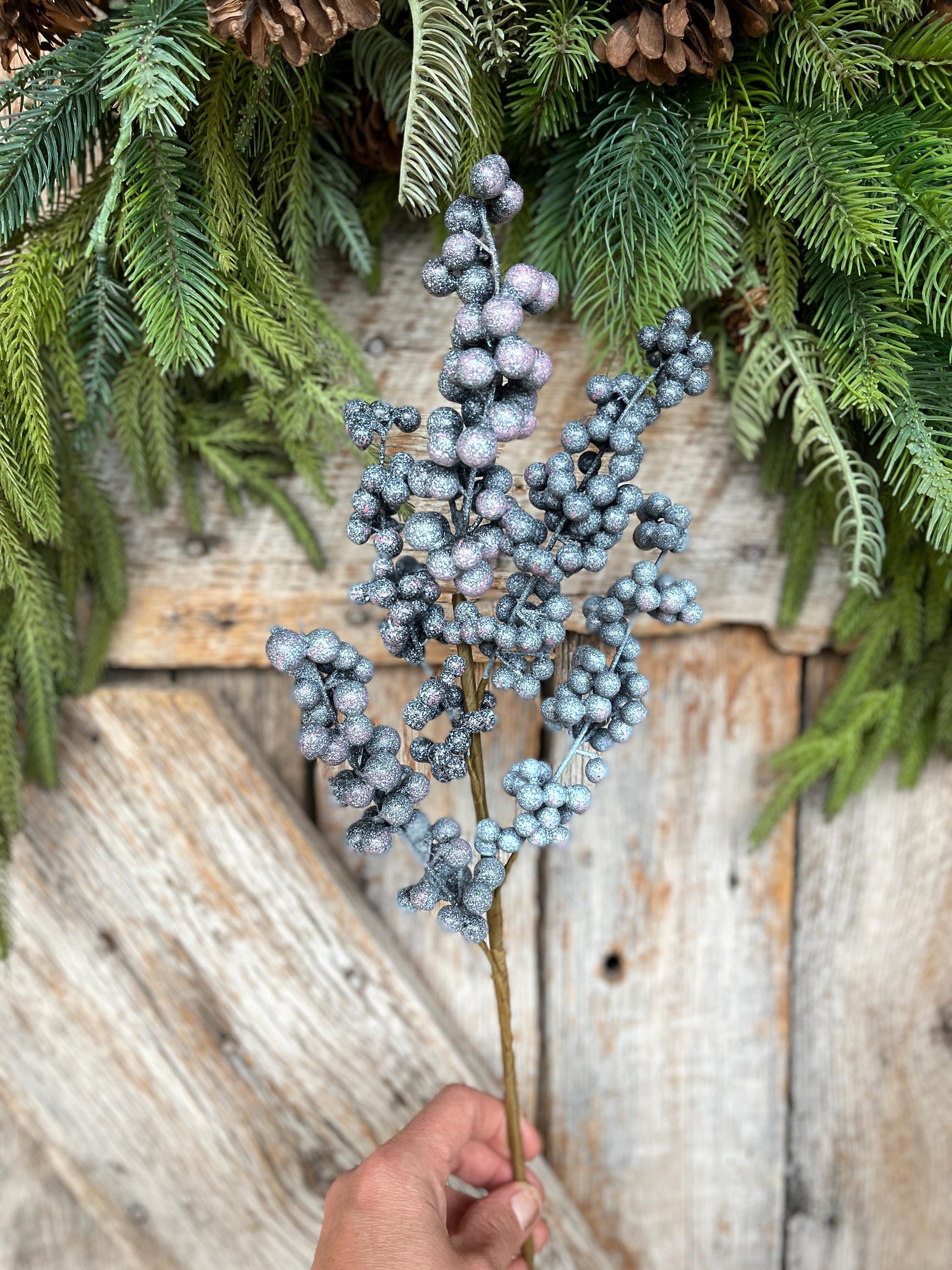 18" Frosted Blueberry Spray, Winter Blueberry Picks & Stems, Artifical Berry Floral Stem