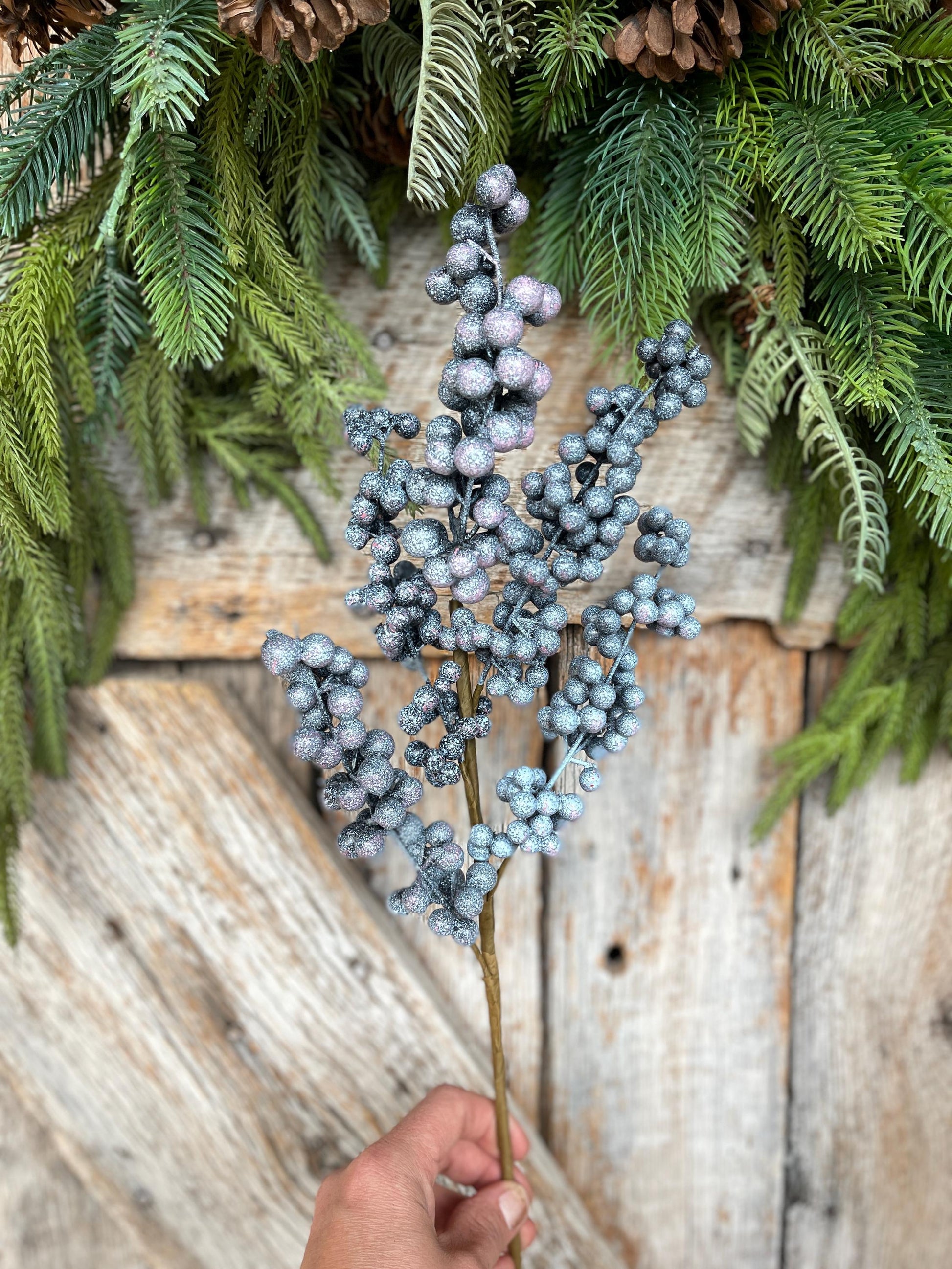 18" Frosted Blueberry Spray, Winter Blueberry Picks & Stems, Artifical Berry Floral Stem