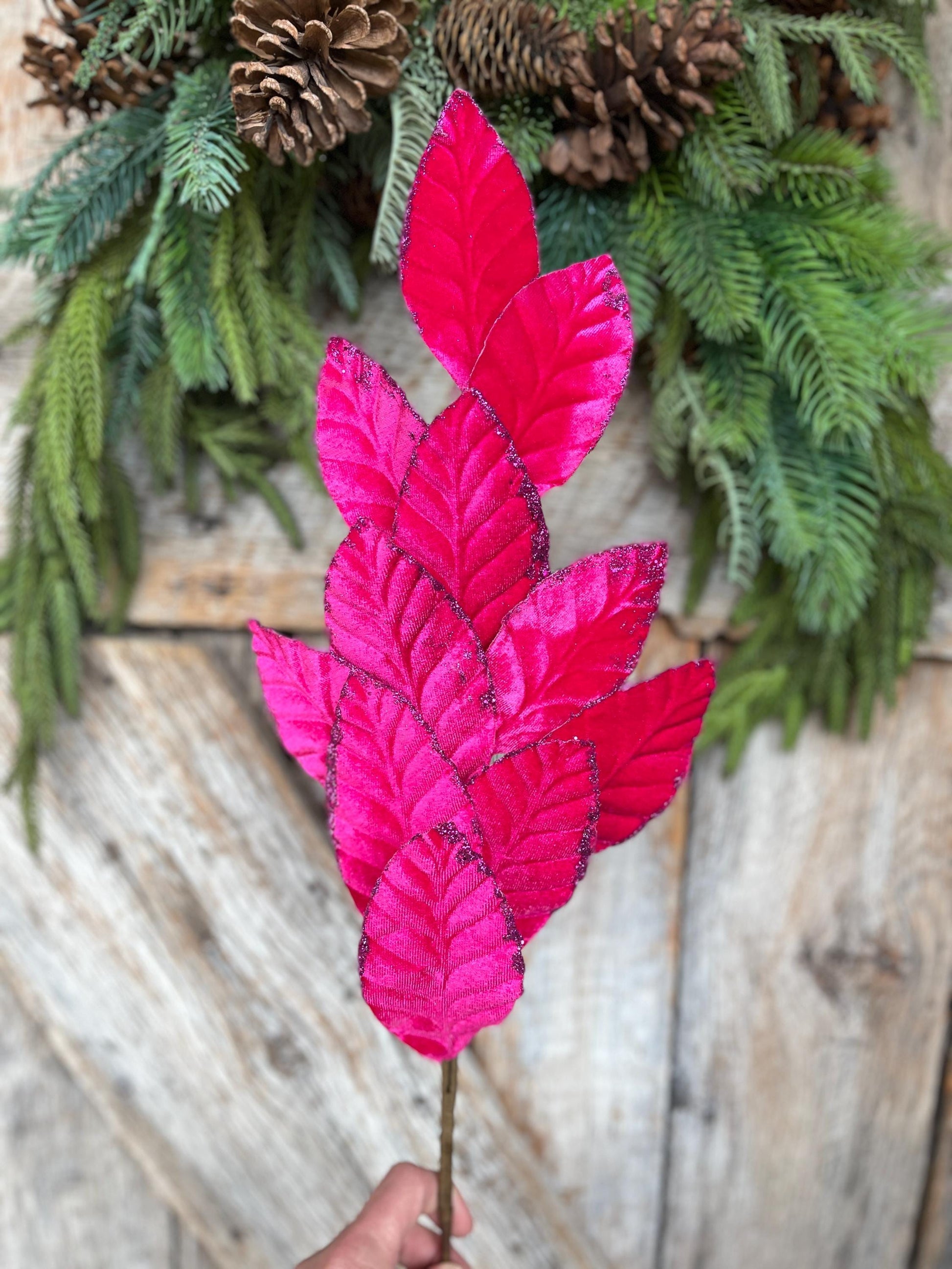 25" Hot Pink Velvet Leaf Spray, Hot Pink Christmas Leaves Spray, Christmas Floral Stem