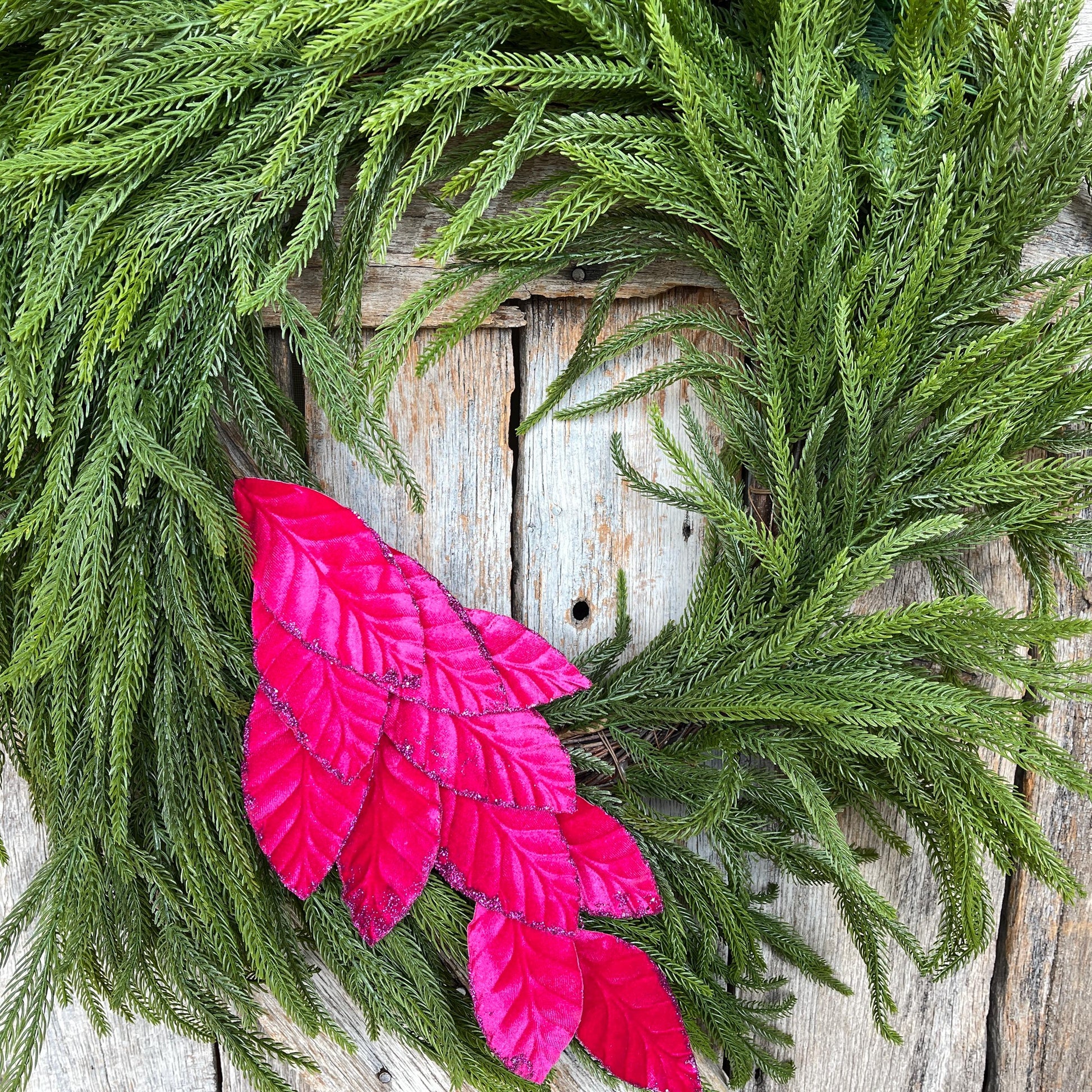 25" Hot Pink Velvet Leaf Spray, Hot Pink Christmas Leaves Spray, Christmas Floral Stem