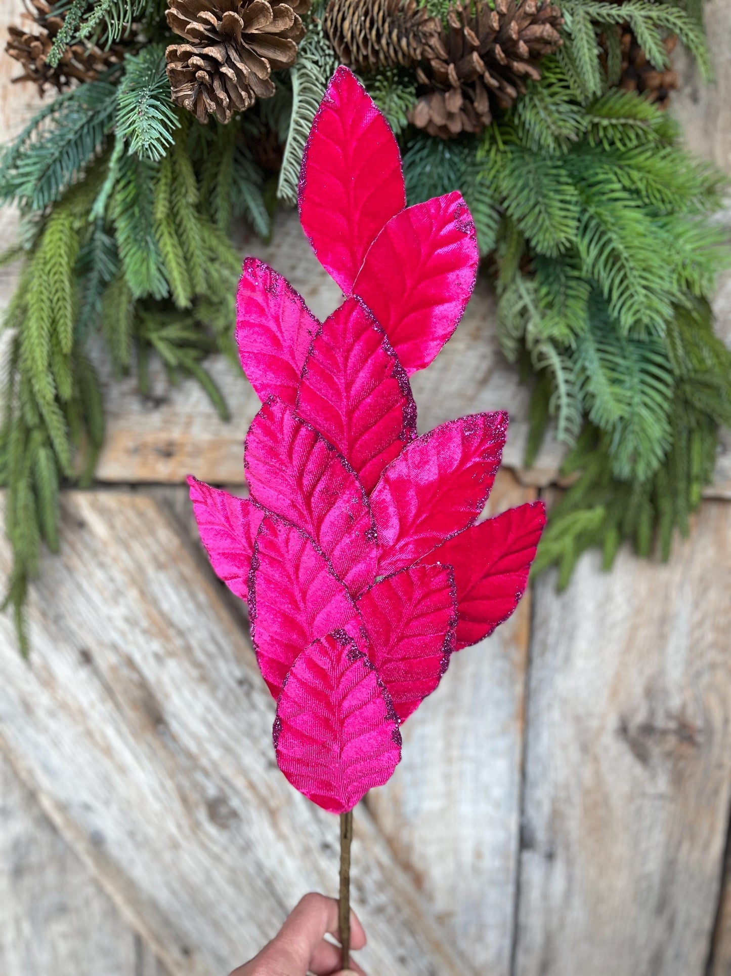 25" Hot Pink Velvet Leaf Spray, Hot Pink Christmas Leaves Spray, Christmas Floral Stem