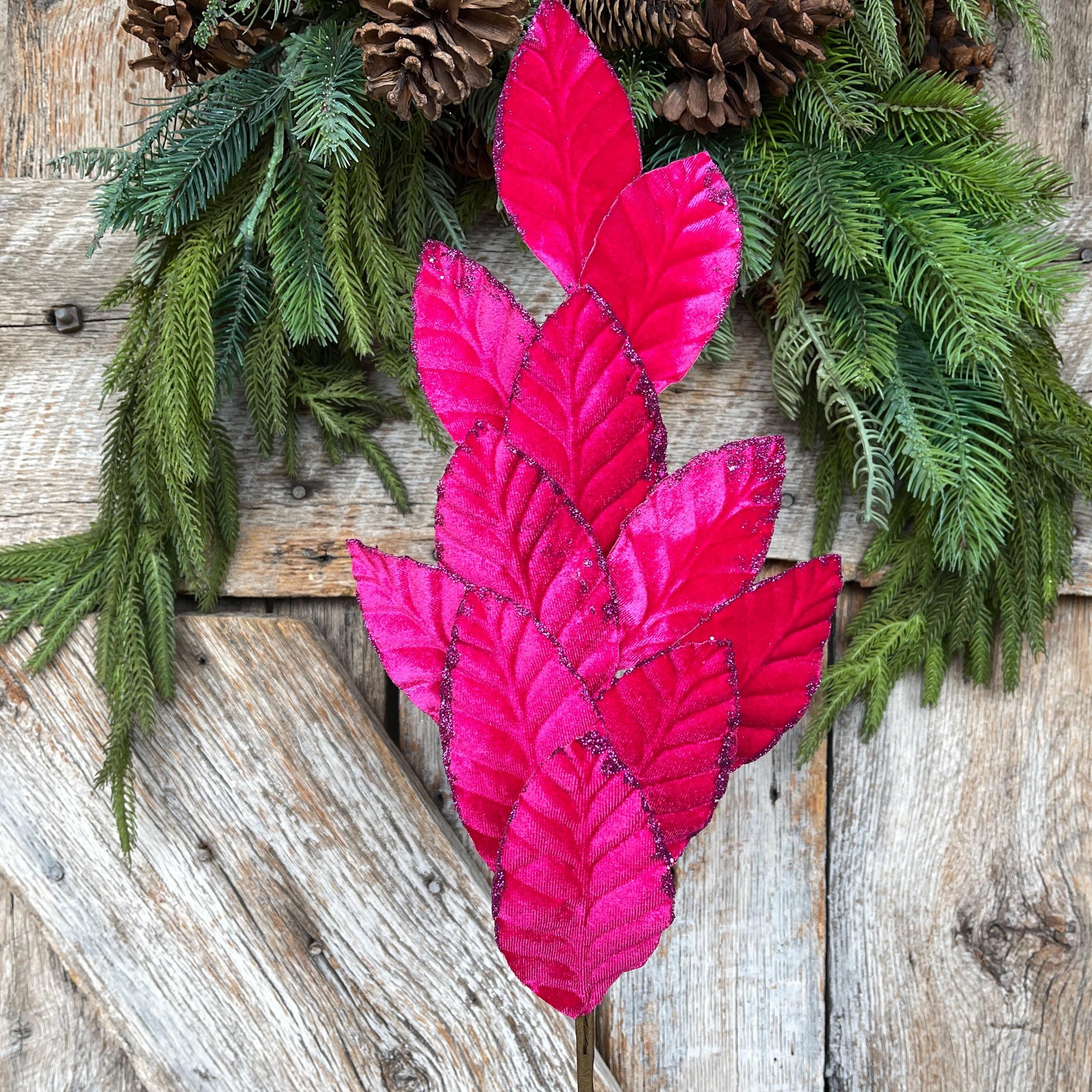 25" Hot Pink Velvet Leaf Spray, Hot Pink Christmas Leaves Spray, Christmas Floral Stem