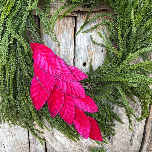 25" Hot Pink Velvet Leaf Spray, Hot Pink Christmas Leaves Spray, Christmas Floral Stem
