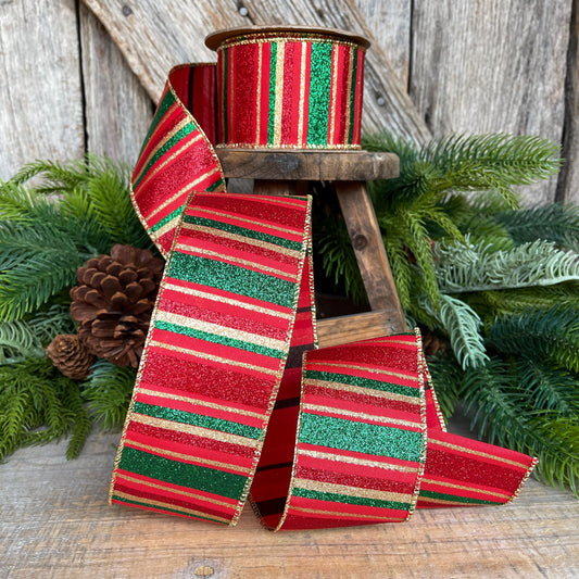 2.5" Red Green Gold Christmas Ribbon, Christmas Ribbon, 1.5" x 10 Yards