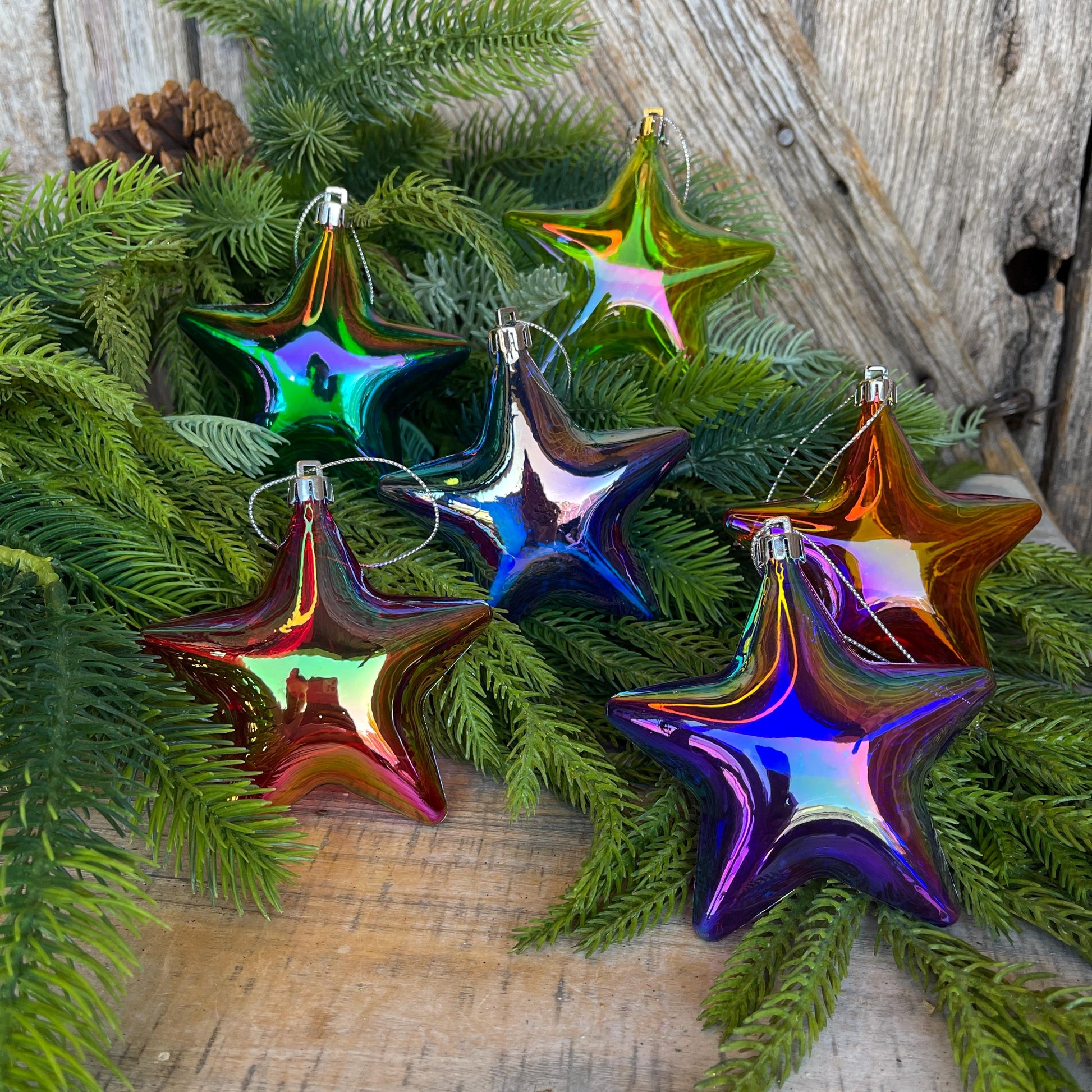 Set of 6 Star Ornaments, Iridescent Balloon Star Ornaments, Colorful Christmas Ornaments