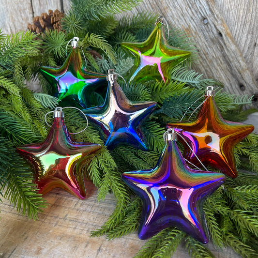 Set of 6 Star Ornaments, Iridescent Balloon Star Ornaments, Colorful Christmas Ornaments