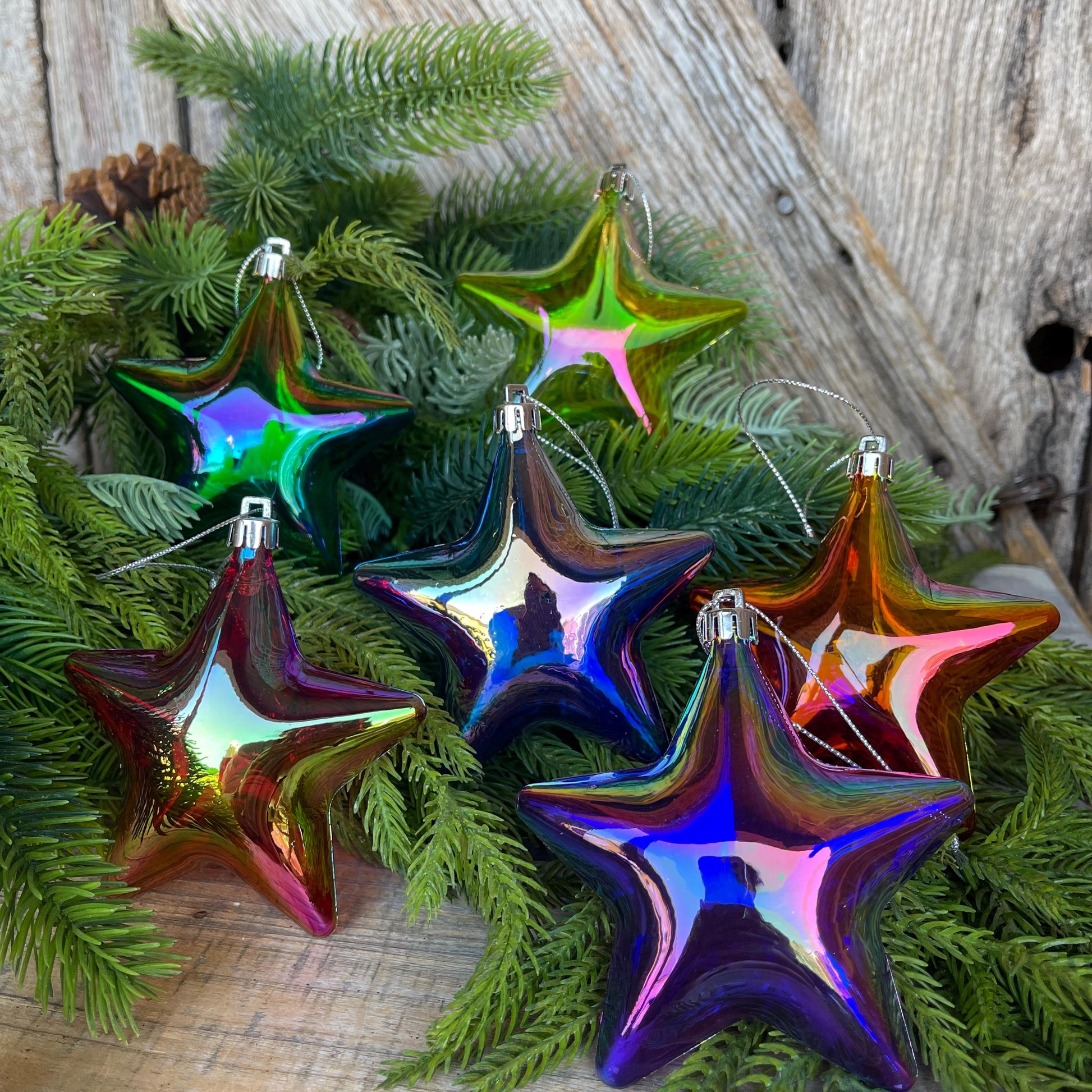 Set of 6 Star Ornaments, Iridescent Balloon Star Ornaments, Colorful Christmas Ornaments