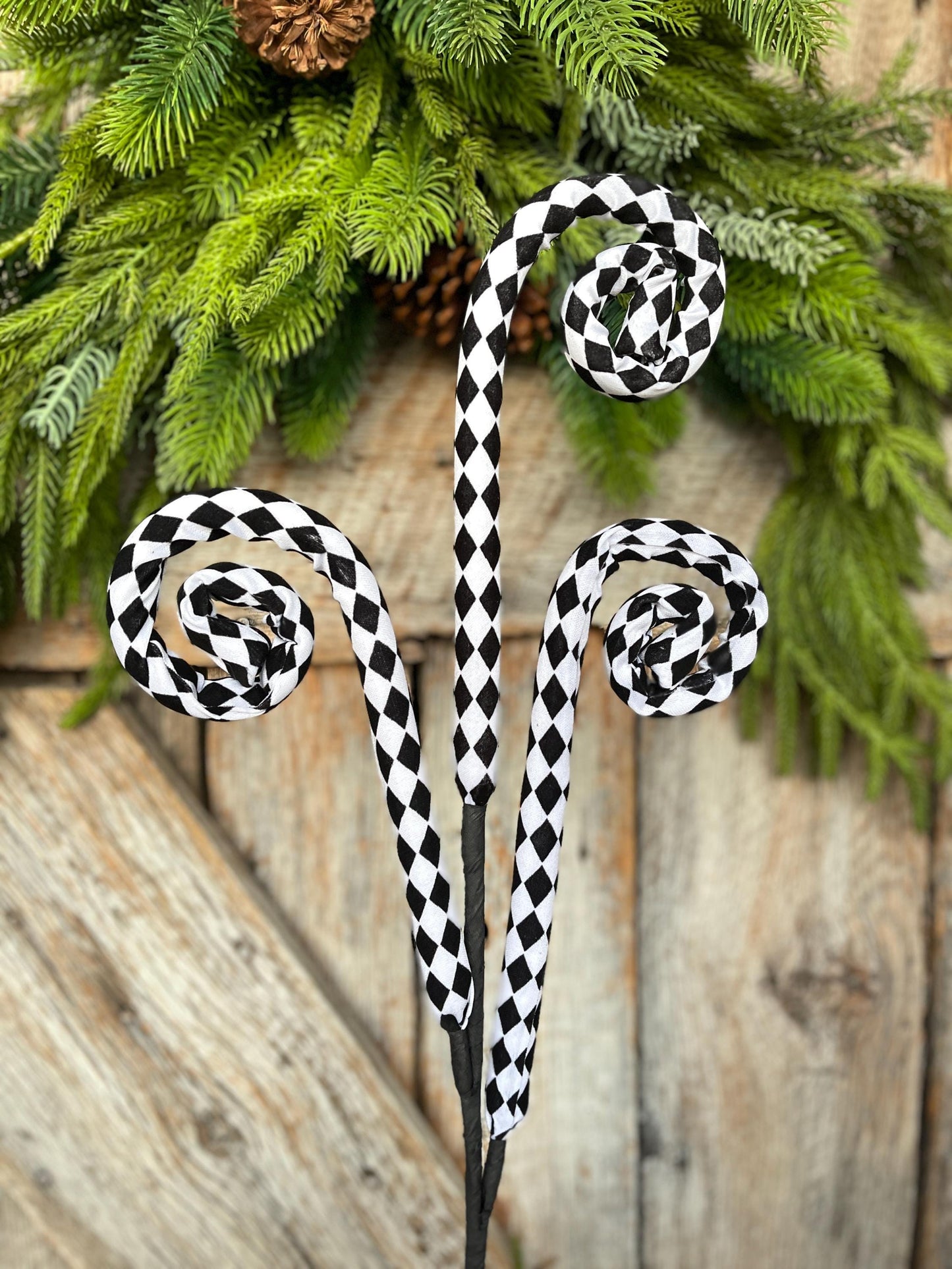 30" Harlequin Floral Spray, Black White Harlequin Curly Spray, Christmas Spray, Halloween Spray